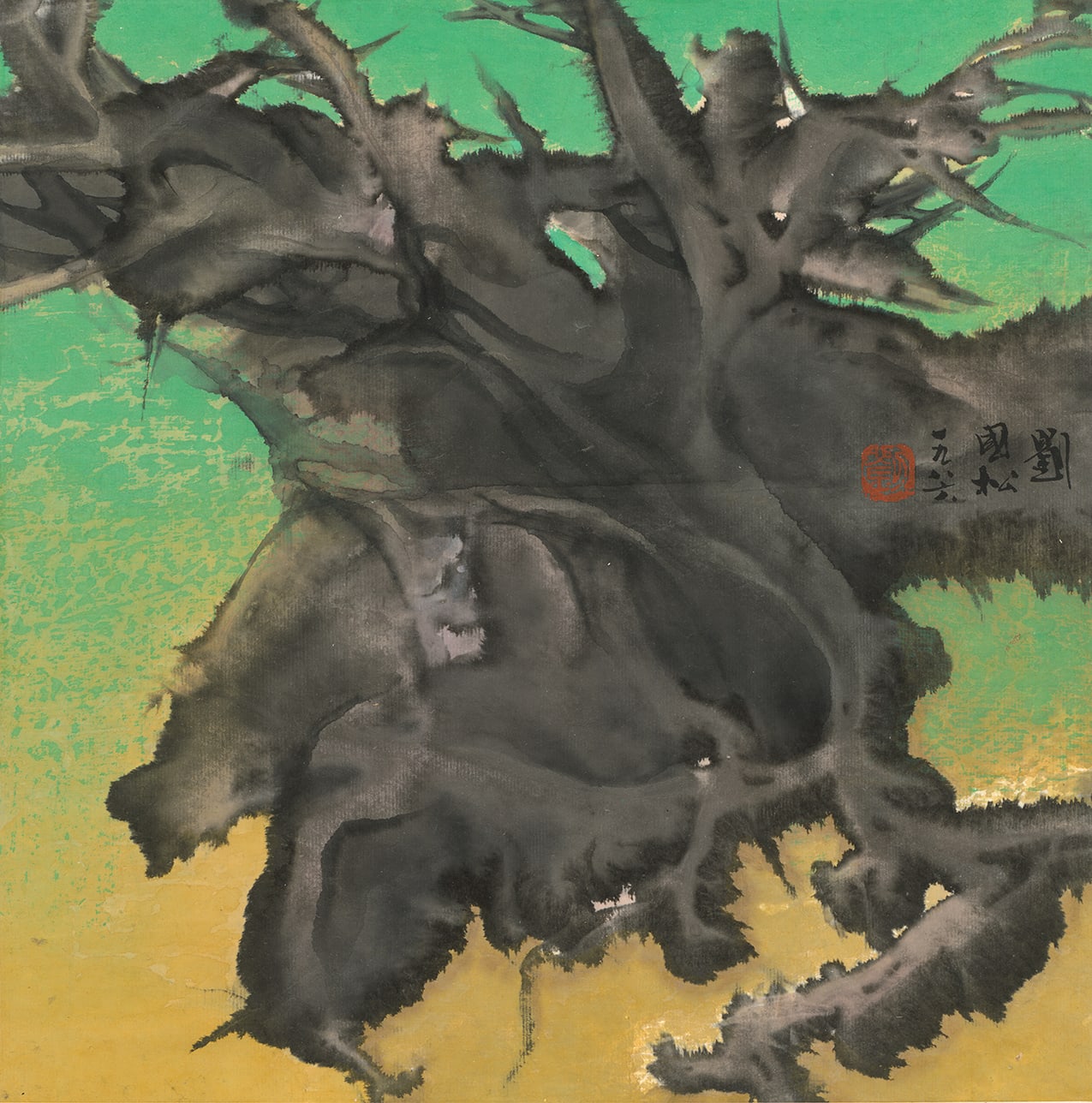 Roots of the Confucian Temple 岱廟俯望 1986 Ink and color on paper 34 × 34 cm