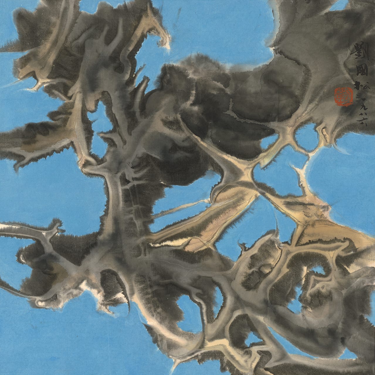 Branches of a Confucian Temple (Branches of the Confucian Temple) 岱廟古柏仰望 1986 Ink and color on paper 34 × 34 cm