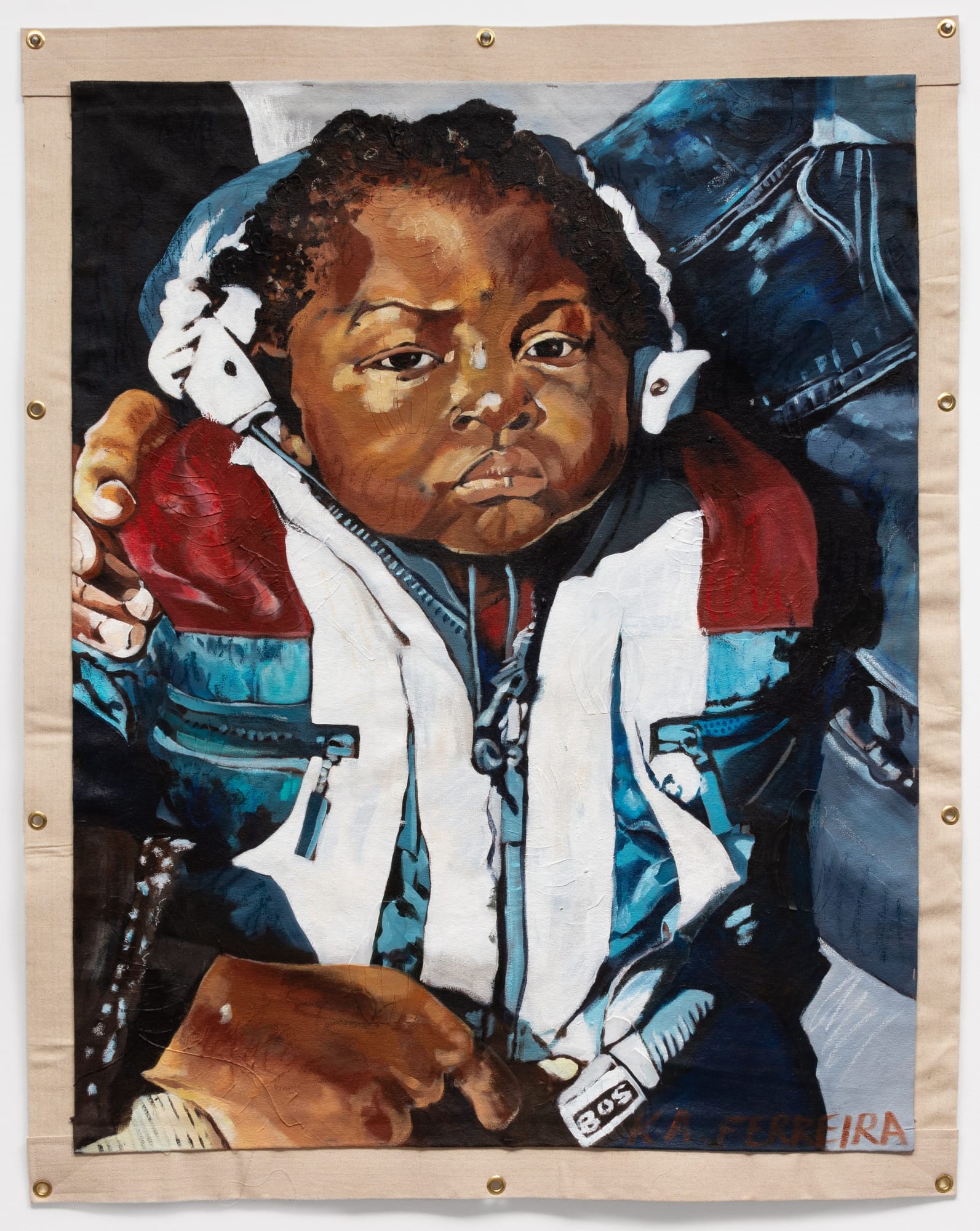 Kareem-Anthony Ferreira, Happy To Be Here, Acrylic and mixed media on canvas, 116,8 × 91,4 cm