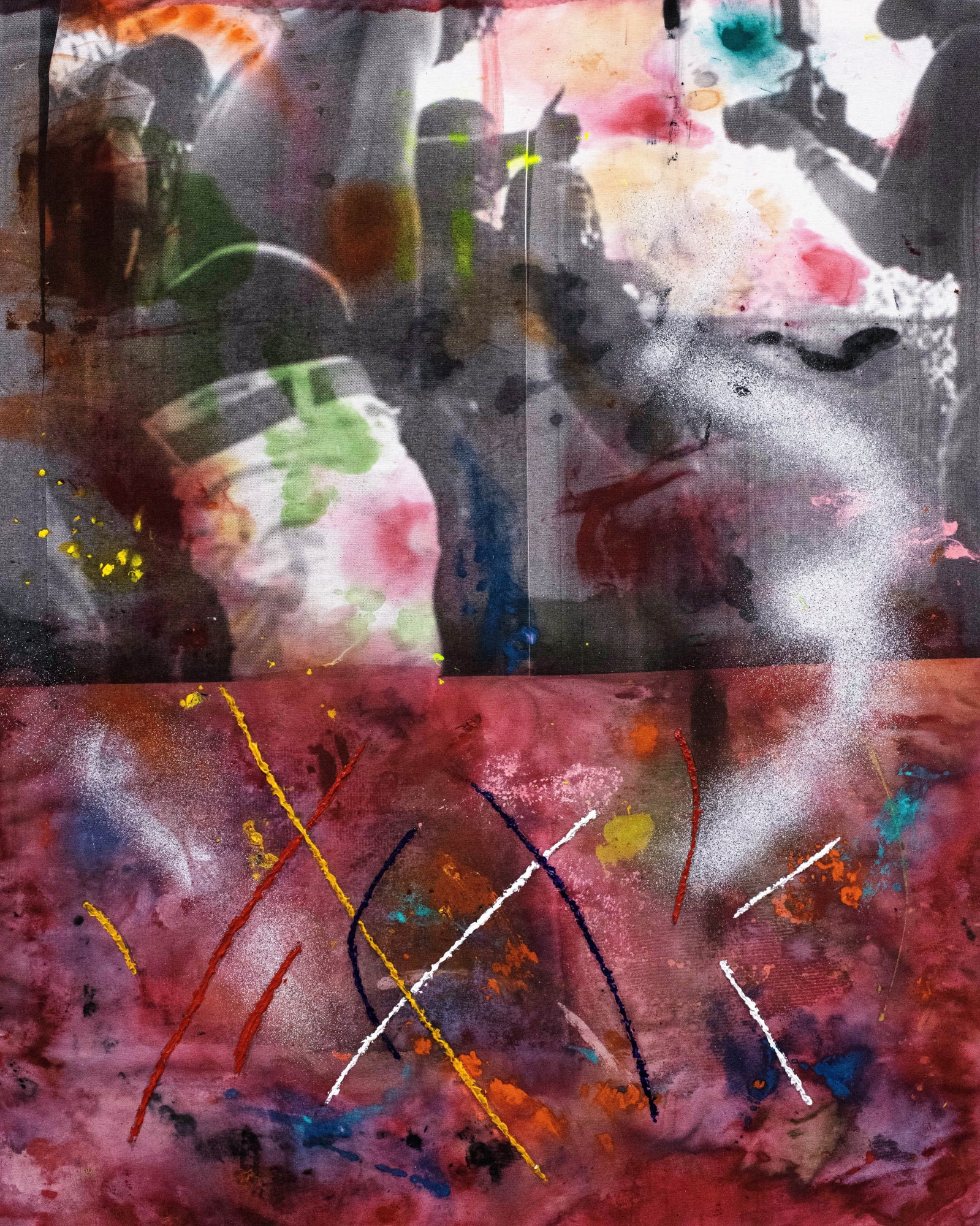 Darin Cooper SoSa, 2023 Acrylic, silkscreen, spray paint on muslin 150 × 120 cm 59 × 47 1/4 in