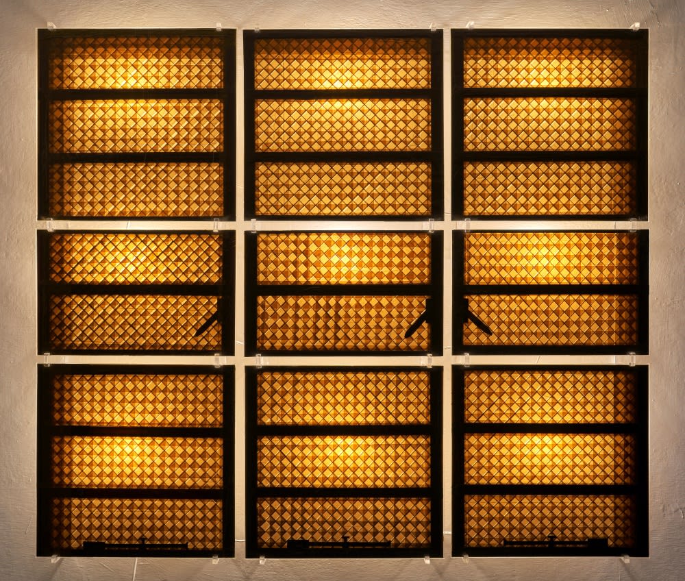 Osvaldo González El día que te dije adiós, 2020 Polyptych: Plexiglas, adhesive tape and LED light 138 × 120 cm 54 3/8 × 47 1/4 in