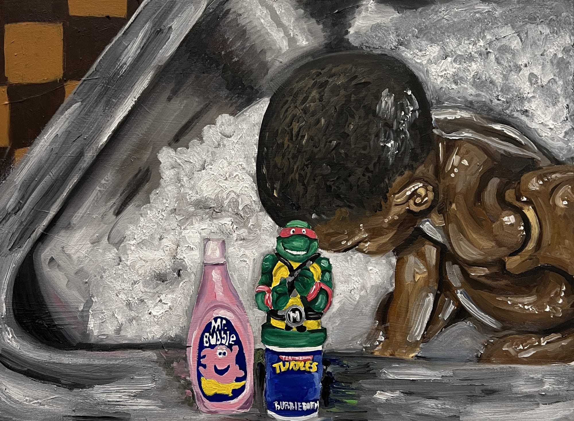 Jerrell Gibbs, Bubble baths in the zink, 2025, Oil on canvas, 45.7 × 60.9 cm (18 × 24 in)