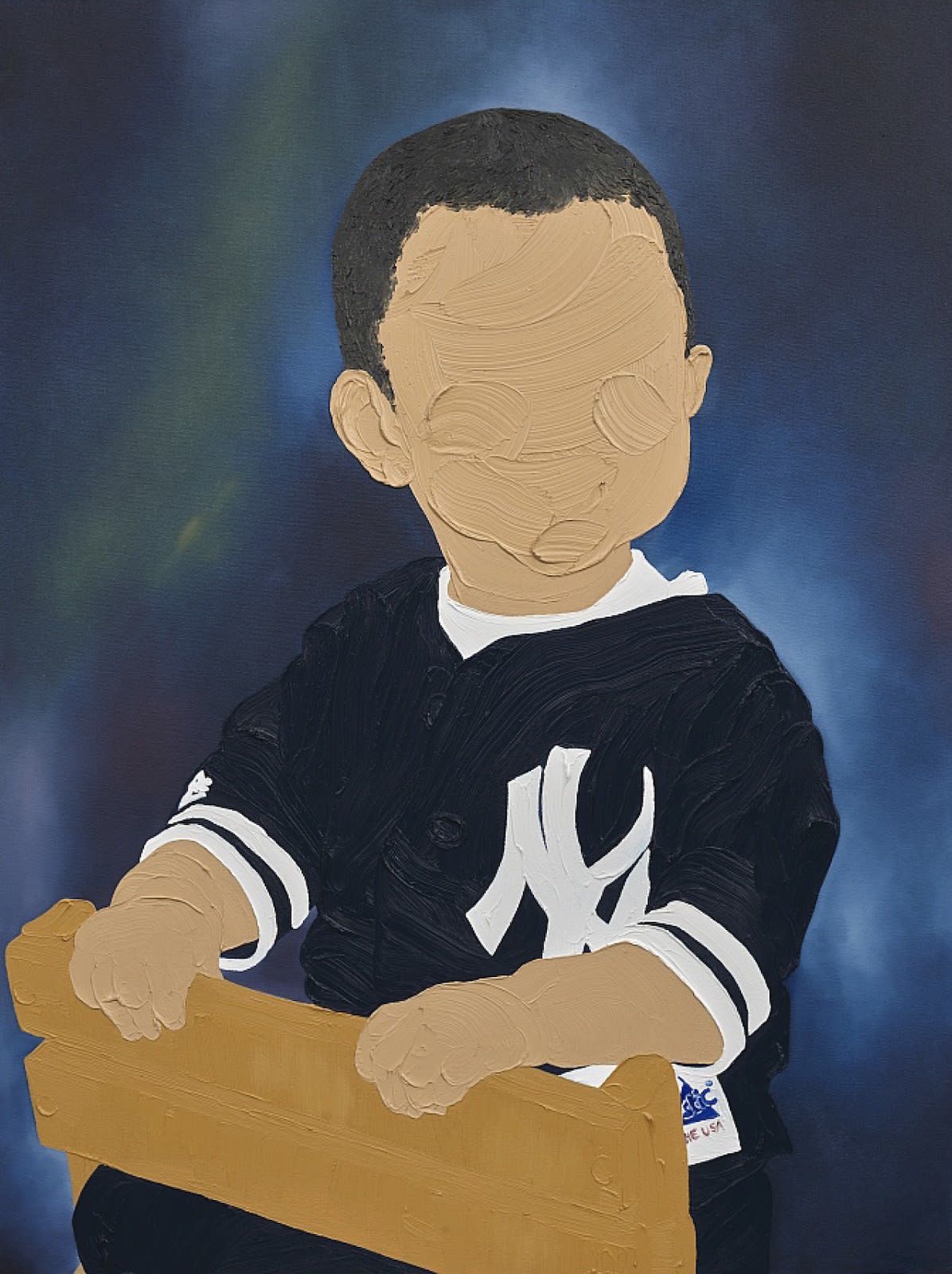 Shaina McCoy, Jojo in his Yankees, 2024, Oil on canvas, 101.6 × 76.2 cm (40 × 30 in)