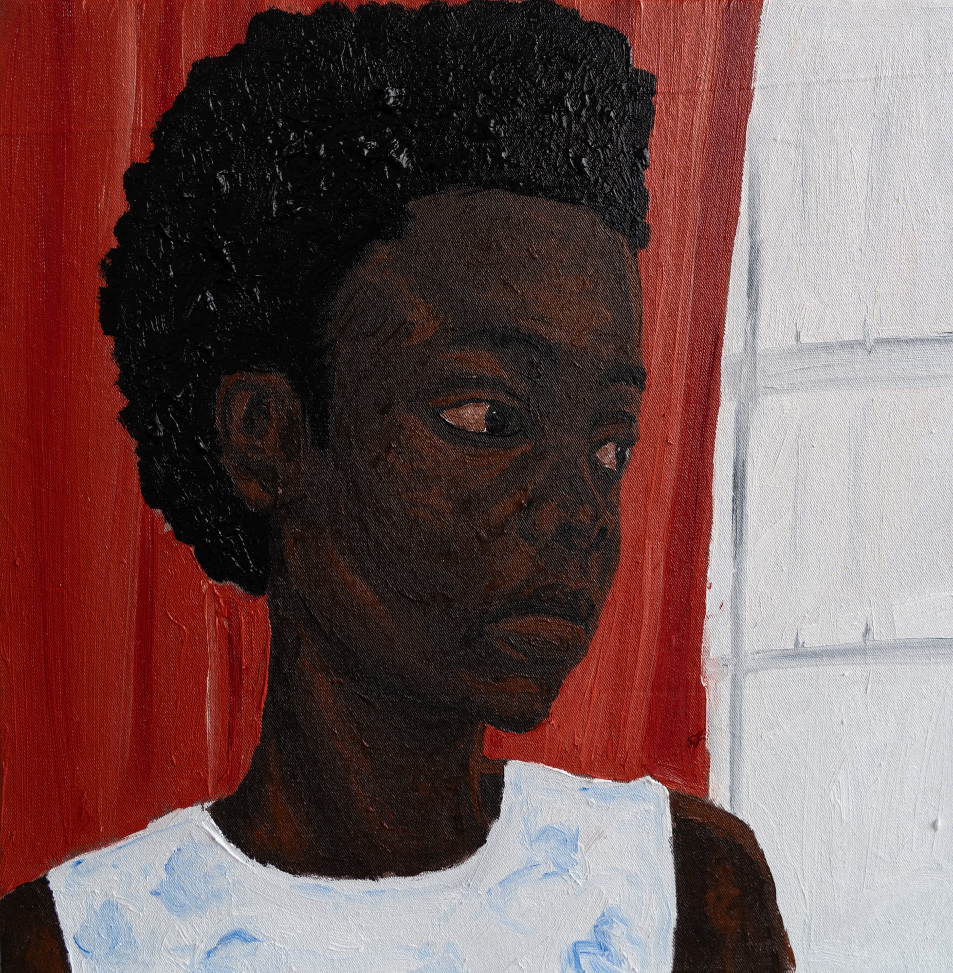 Matthew Eguavoen, The life I was promised back home isn’t what I met here, 2024, Acrylic and oil on canvas, 40 × 40 cm (15 3/4 × 15 3/4 in)