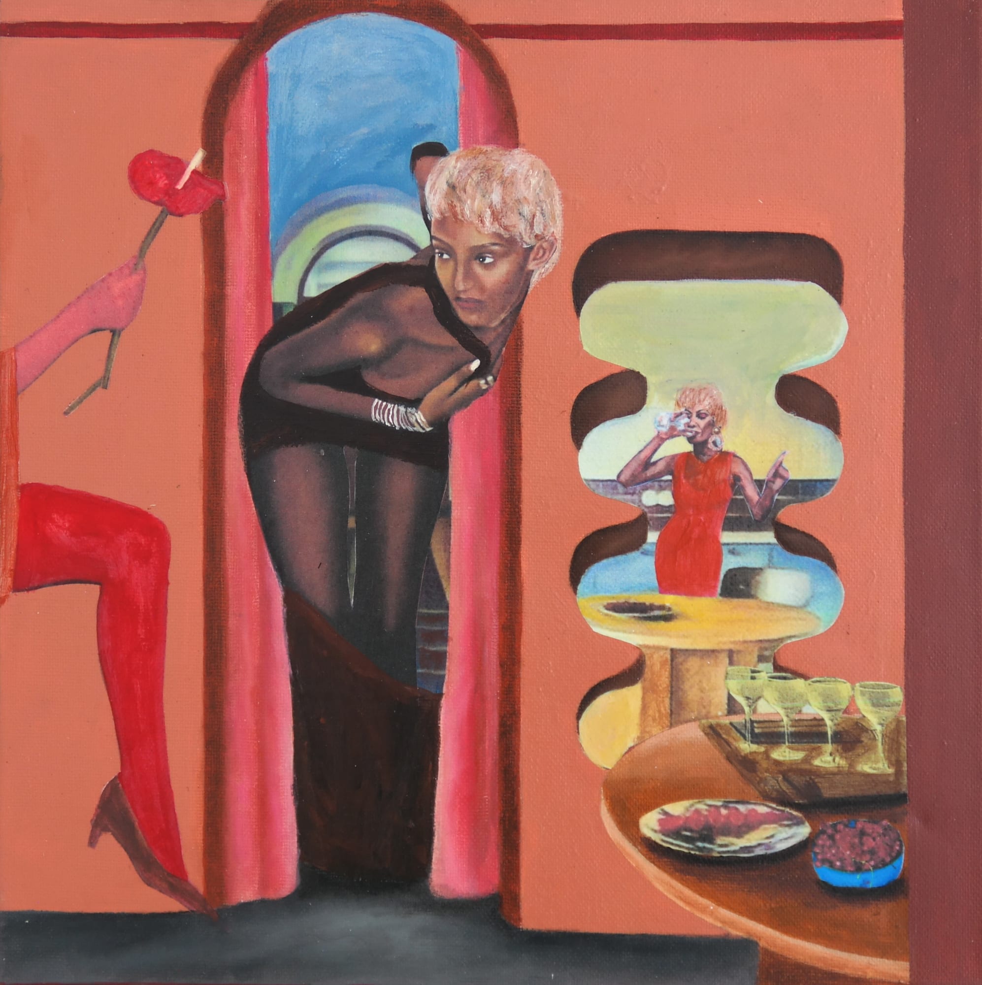 Cinthia Sifa Mulanga, There Goes a bombshell and all their insecurities were shown, 2025, Acrylic paint with oil pastels and collage on canvas, 30 × 30 cm (11 3/4 × 11 3/4 in)