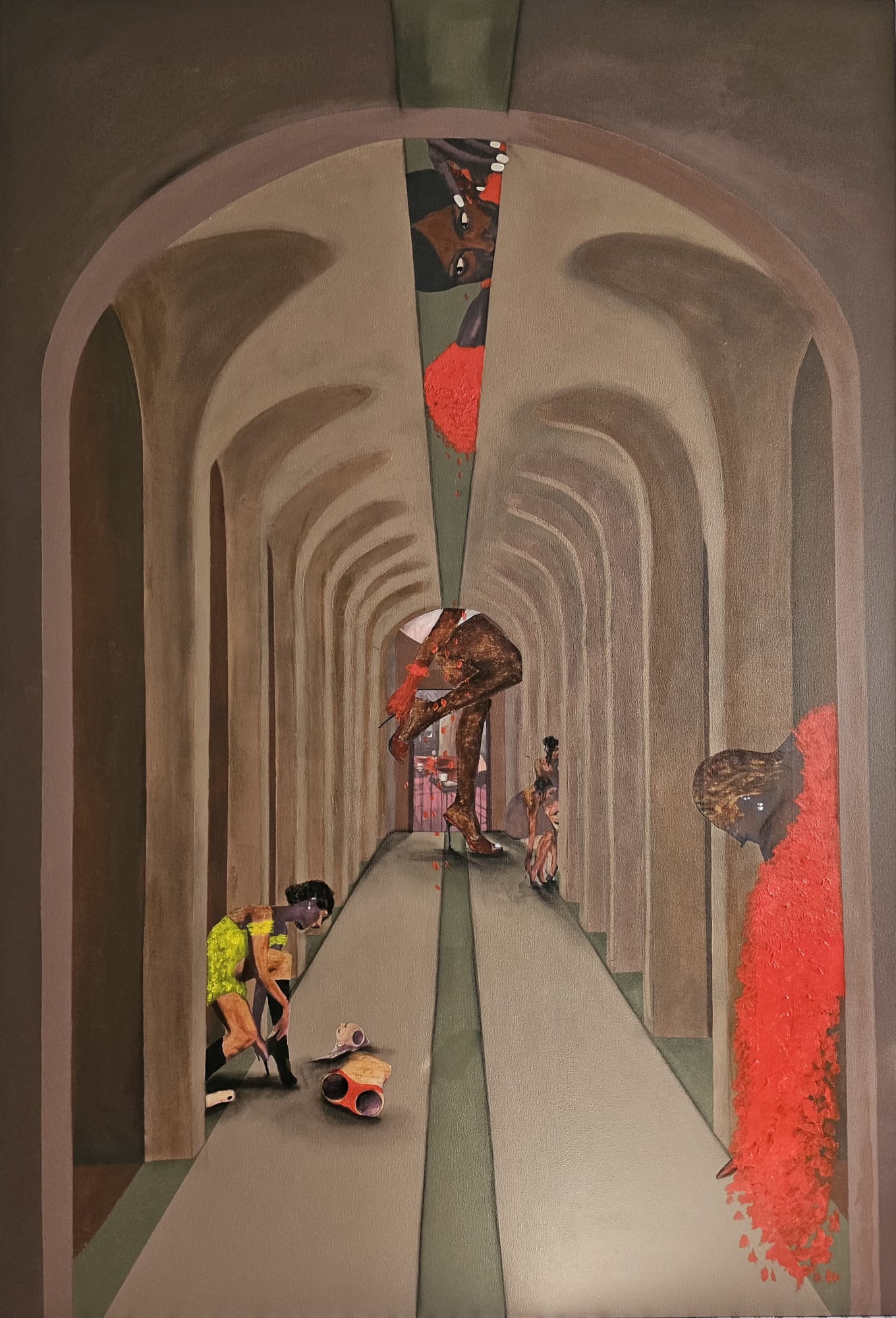 Cinthia Sifa Mulanga, While they are all gathered, 2025, Acrylic paint with oil pastels, charcoal and collage on canvas, 150 × 100 cm (59 × 39 3/8 in)