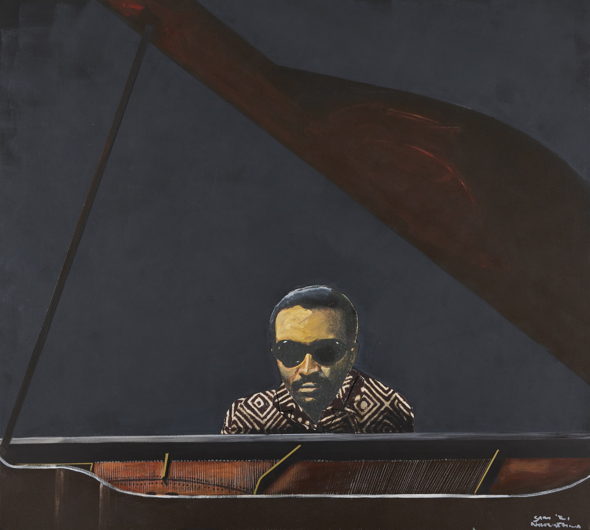 Sam Nhlengethwa, Cecil Taylor, 2021, Mixed media on canvas, 90 × 100 cm (35 3/8 × 39 3/8 in)