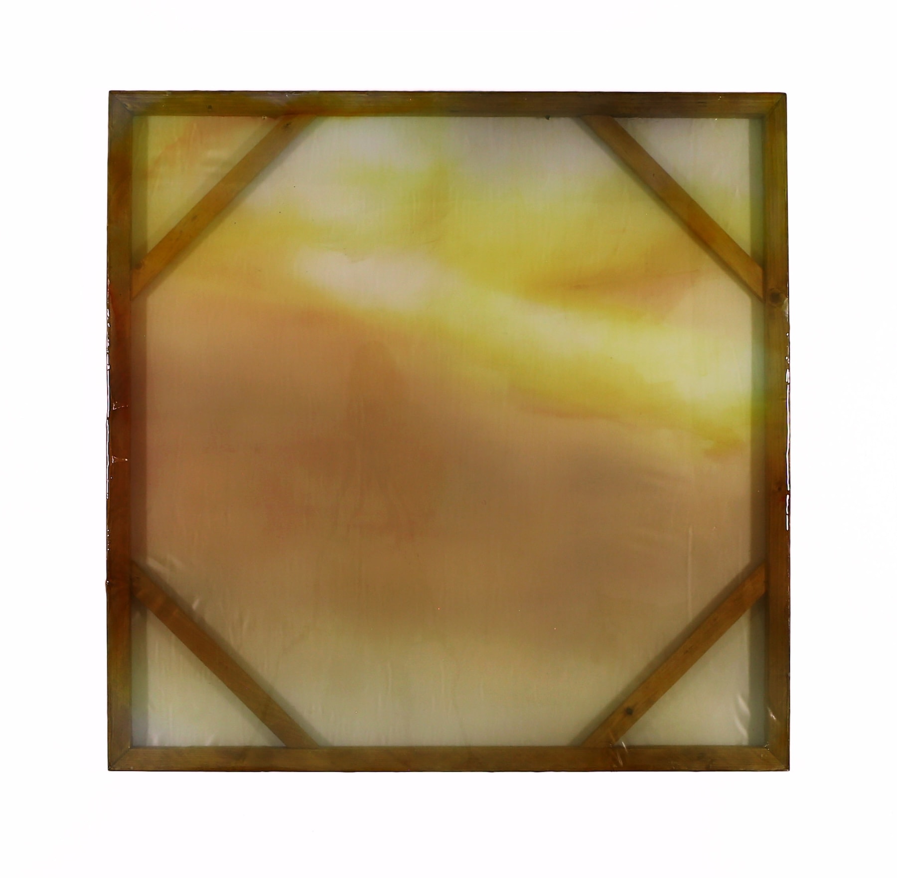 Chris Watts Untitled, 2025 Peruvian pigments, indigo, resin, acrylic, poly-chiffon, stained wood 121.9 × 121.9 cm 48 × 48 in