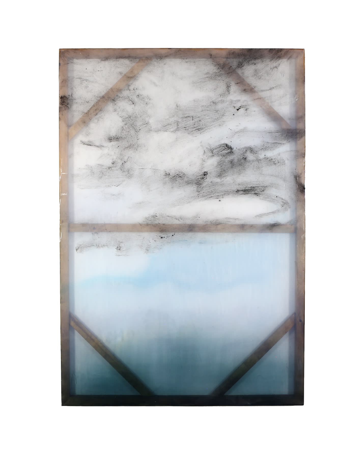 Chris Watts Untitled, 2025 Pigment derived from Costa Rican volcanic black sand (composed of magnetite, ilmenite, augite, pyroxene, and basaltic glass), Peruvian pigments, indigo, resin, acrylic, silk, stained wood 162.6 × 111.8 cm 64 × 44 in