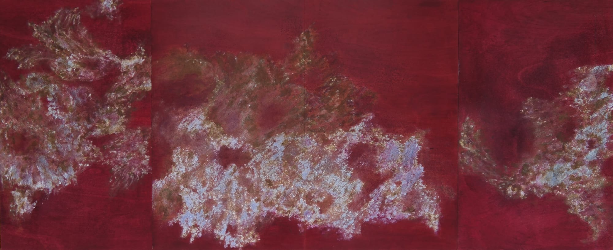 Taqwa Ali We rose like luscious grass on phosphorous fields , 2025 Hibiscus, animal skin glue, soil emulsion on wood panel varnished in archival spray 122 × 296 cm (48 × 116 1/2 in)