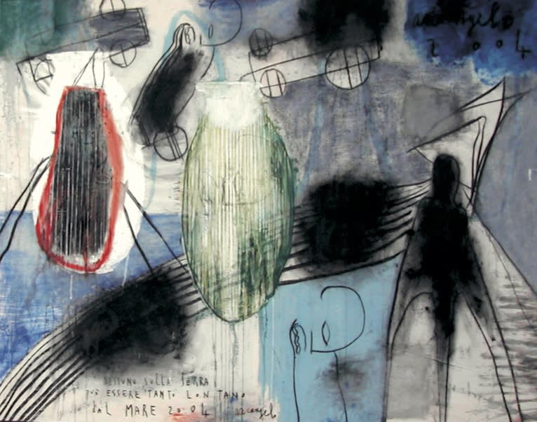 Nessuno sulla Terra può essere tanto lontano dal mare, 2004, tecnica mista su tela, cm 110x145
