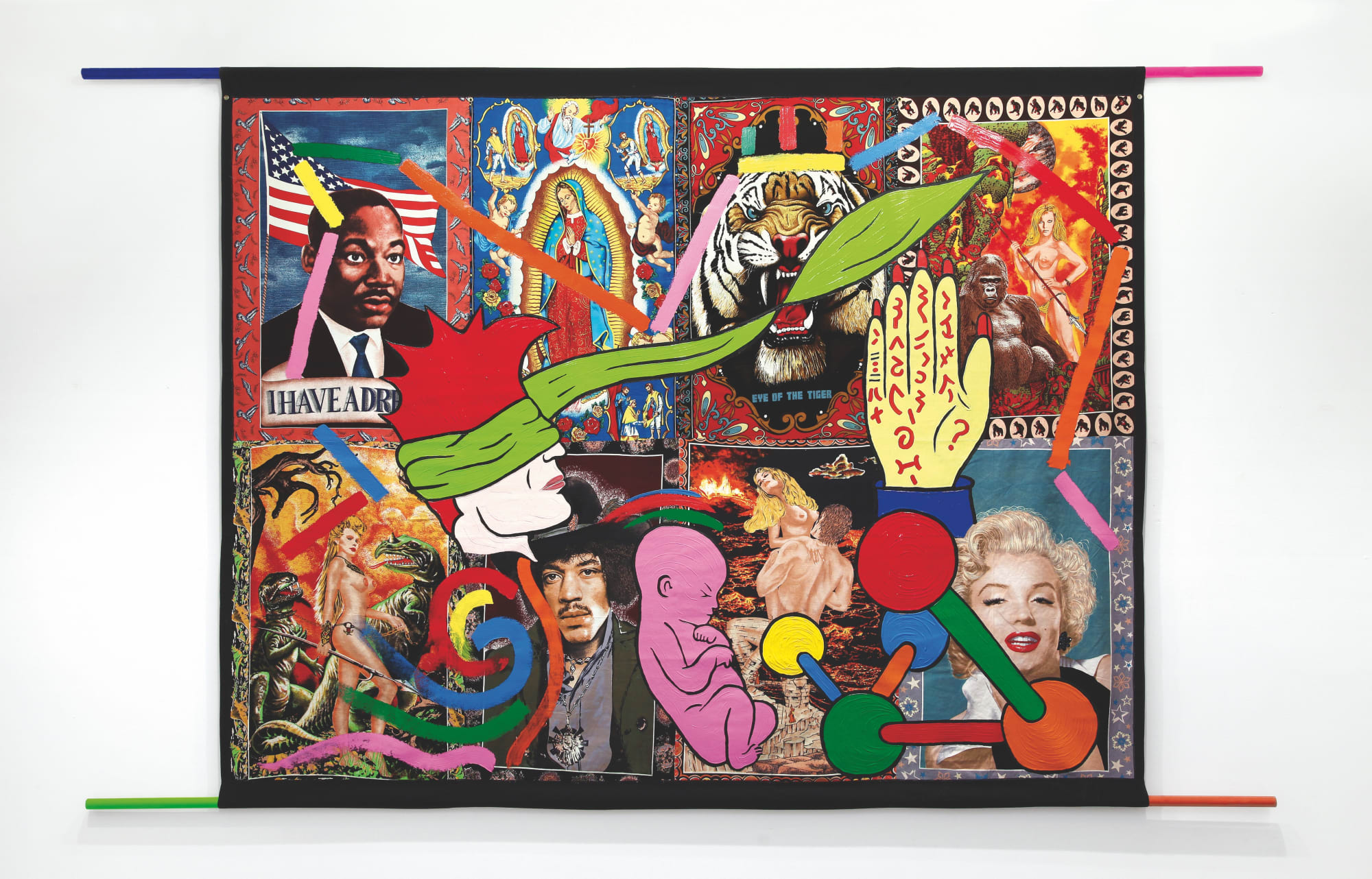 Ronnie Cutrone, My Future is None of my Business, 1985, acrilico e serigrafia su tappezzeria, cm 270x420