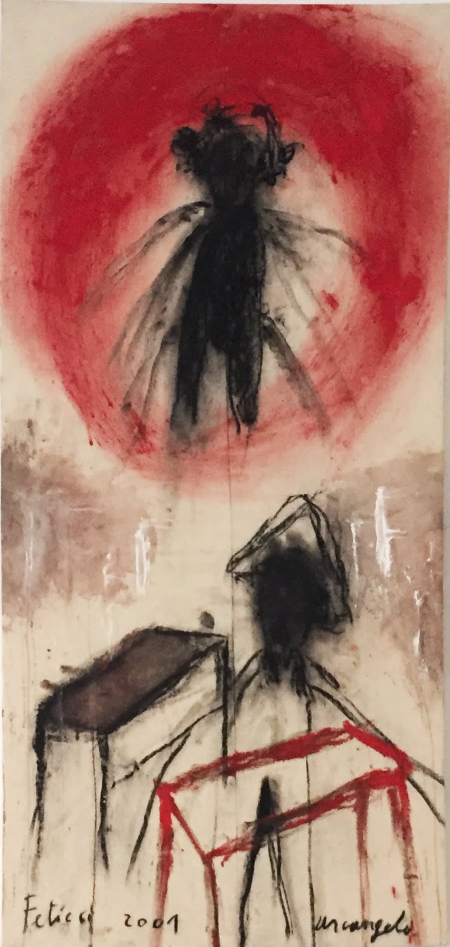 Arcangelo, Feticci, 2001, cm 105x47, tecnica mista su tela