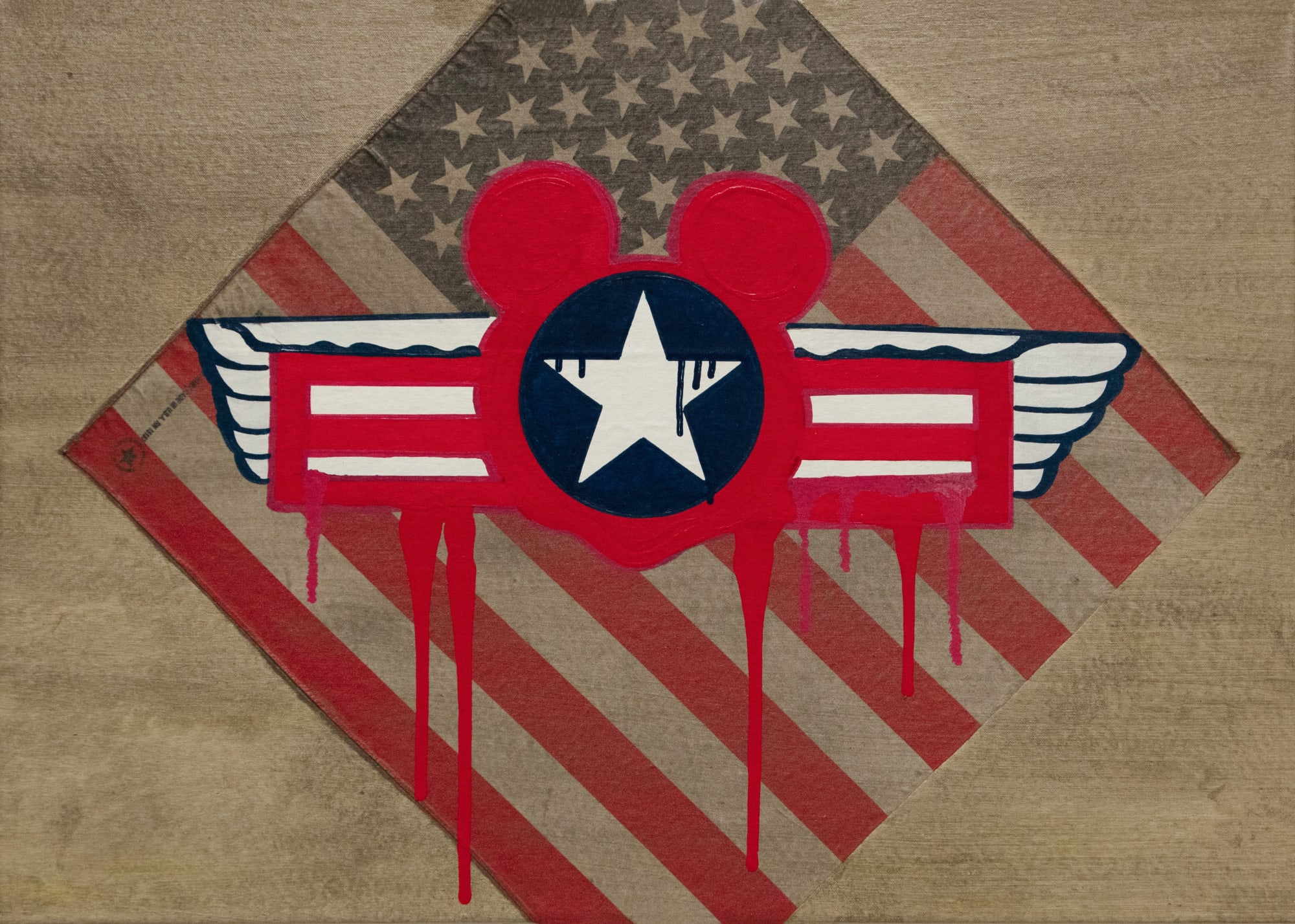 (Transformer Study) Military Mouse - Bond Diamond, 2007, acrilico e bandiera su tela, cm 61x86.5