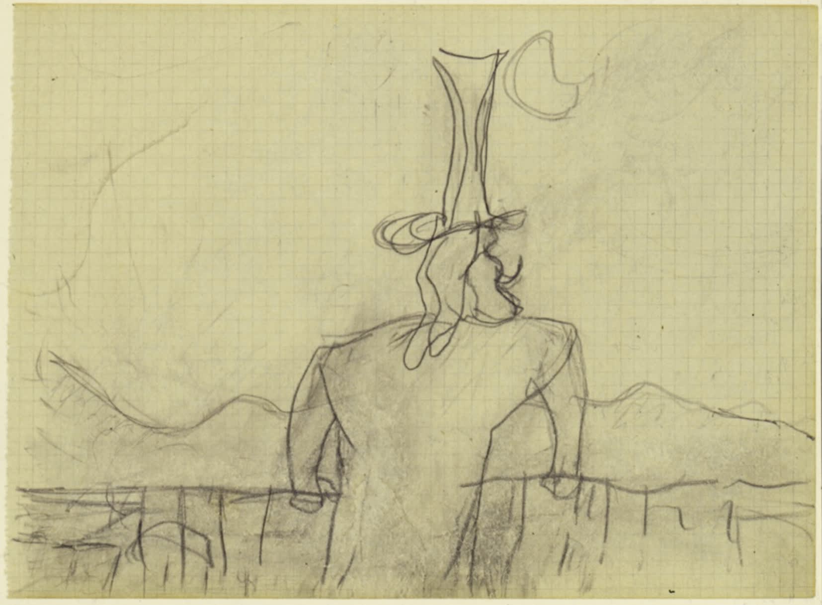 Personaggio leopardiano, 1938-1939 ca, grafite su foglio di quaderno a quadretti, cm 17,3X23,5