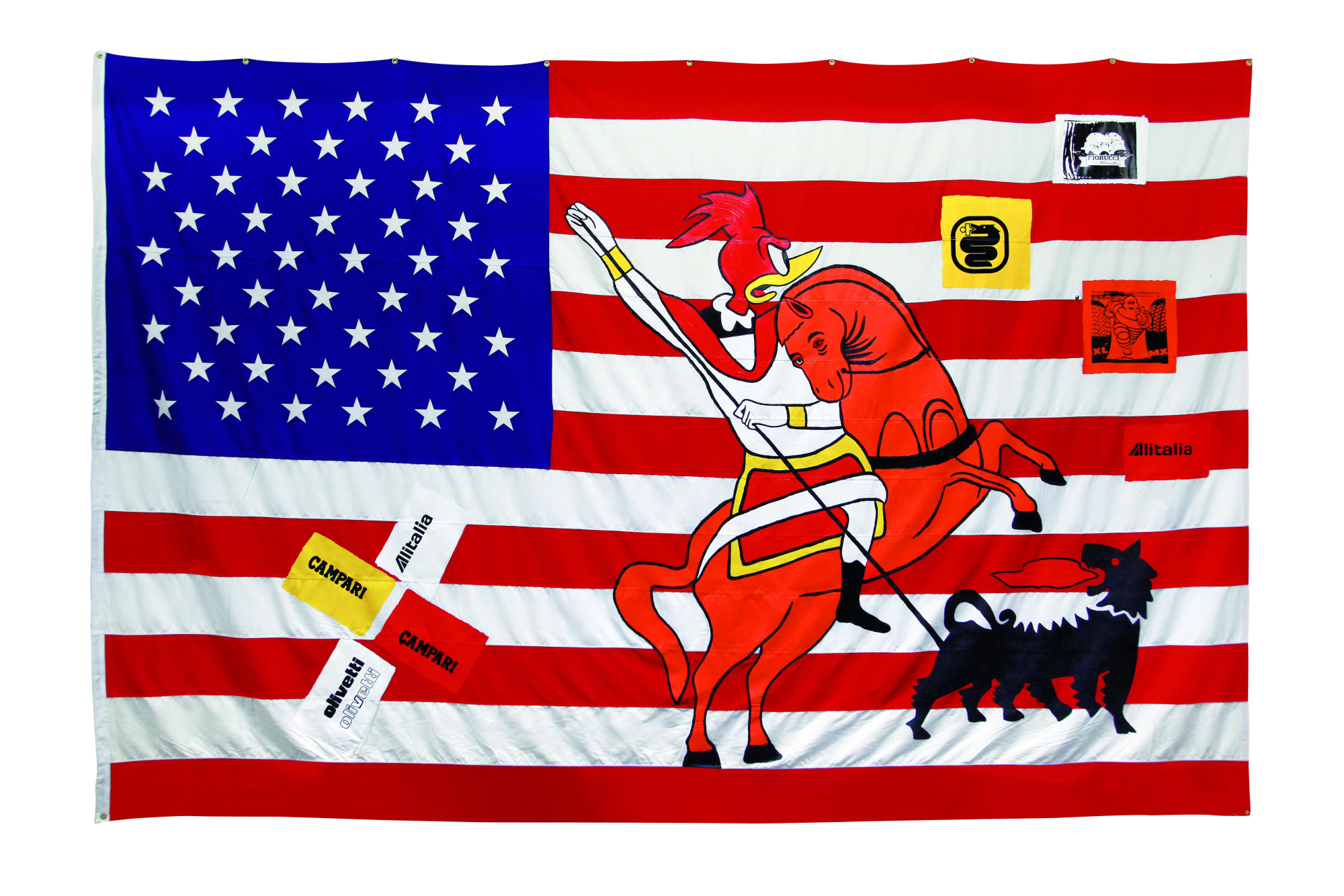 Saint George and the Appropriation, 1987, acrilico e serigrafia su bandiera americana, cm 300x470