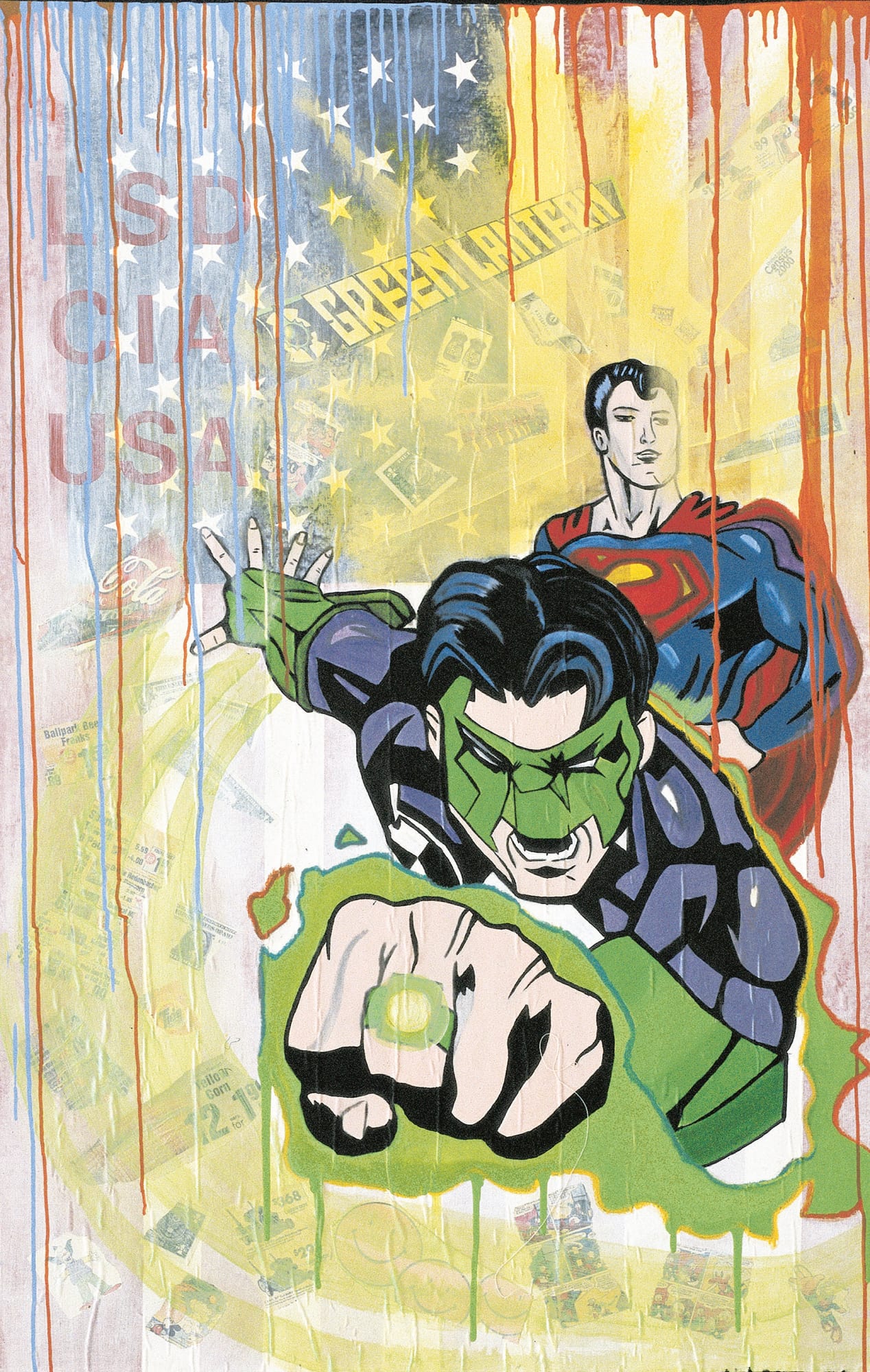 Sunshine Superman (Green Lantern), 2001, acrilico e collage su bandiera americana su tela, cm 162,6x101,6