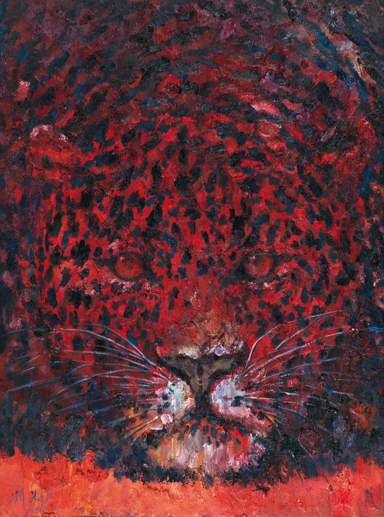 One Leopard (red), 2017, olio su tela, cm 200x150.
