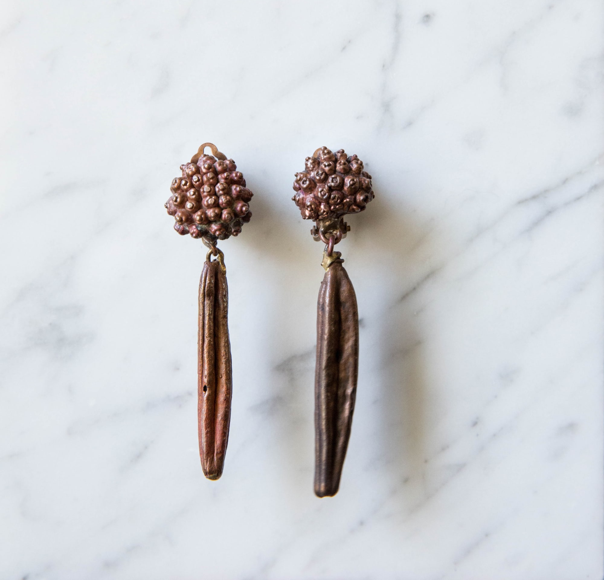 Globe Ameranth Drop, 2012, Earrings, galvanised copper