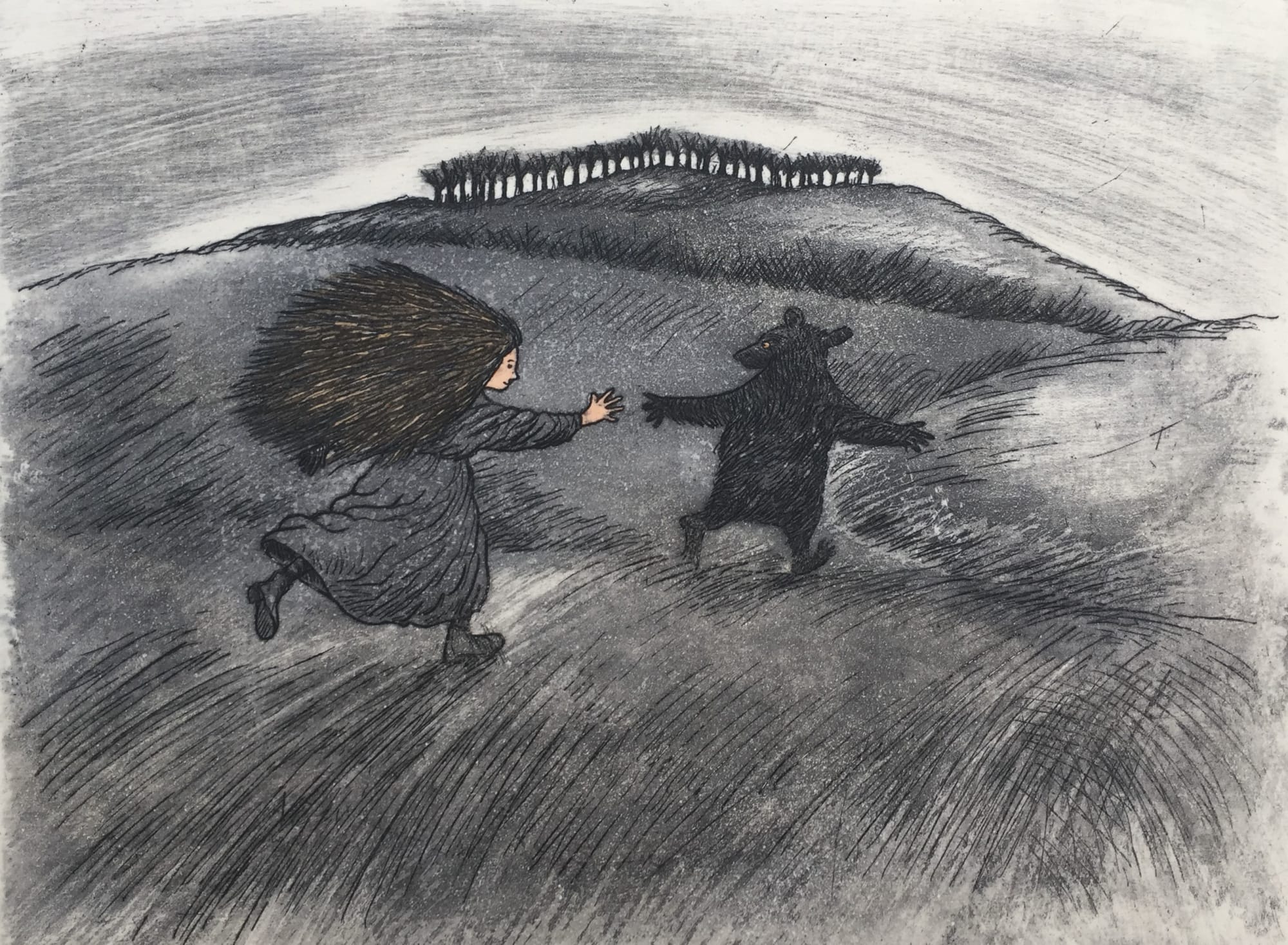 Girl running with a bear etching