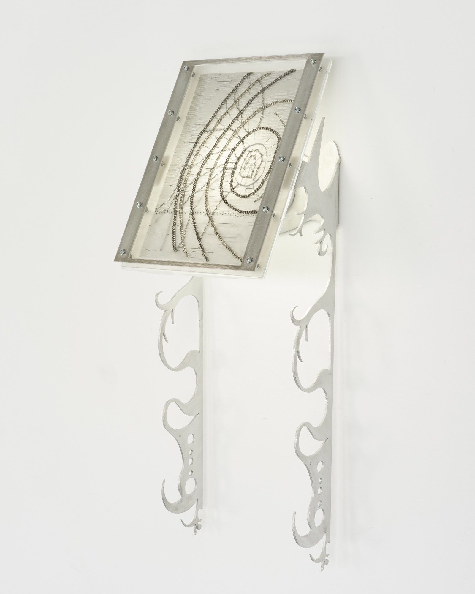 Xin Liu Fortune Tellers: Maze, 2023 Artist’s DNA data printed on rice paper, thread, acrylic, ink, aluminum, LED lights, latex, chains, and steel 24 x 8½ x 7½ in. 60.96 x 21.59 x 19.05 cm