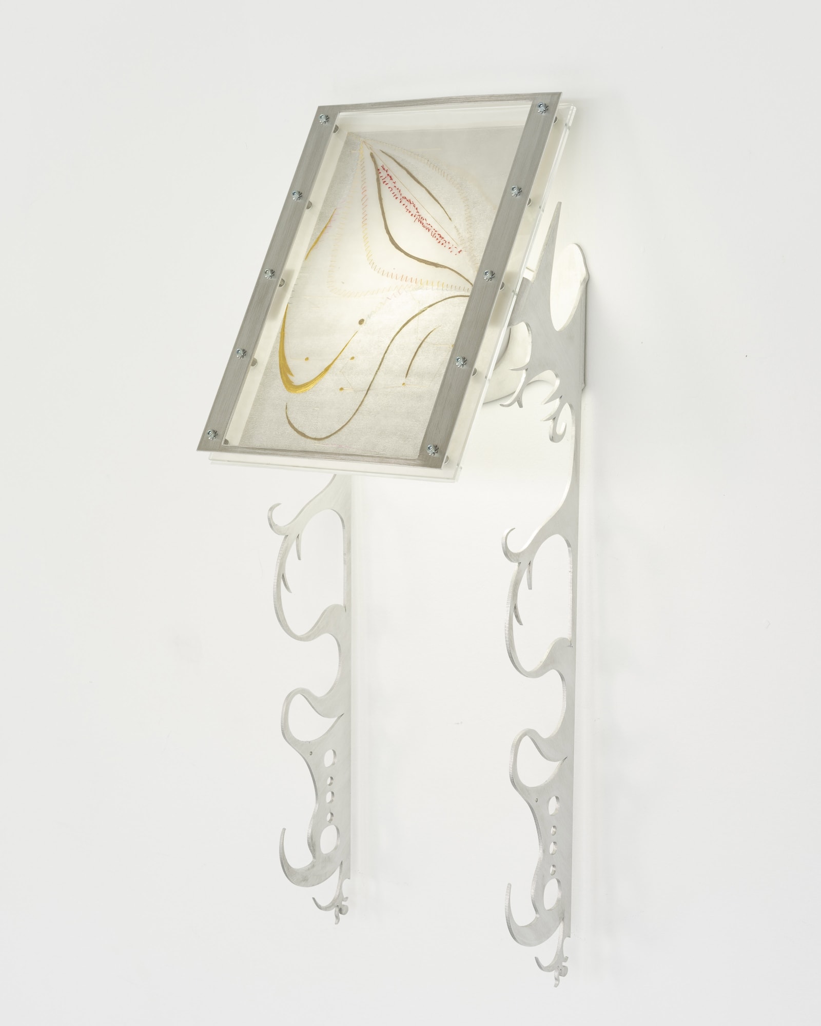 Xin Liu Fortune Tellers: In Full Bloom, 2023 Artist’s DNA data printed on rice paper, thread, acrylic, ink, aluminum, LED lights, latex, 24K gold, rose gold, and steel 24 x 8½ x 7½ in. 60.96 x 21.59 x 19.05 cm