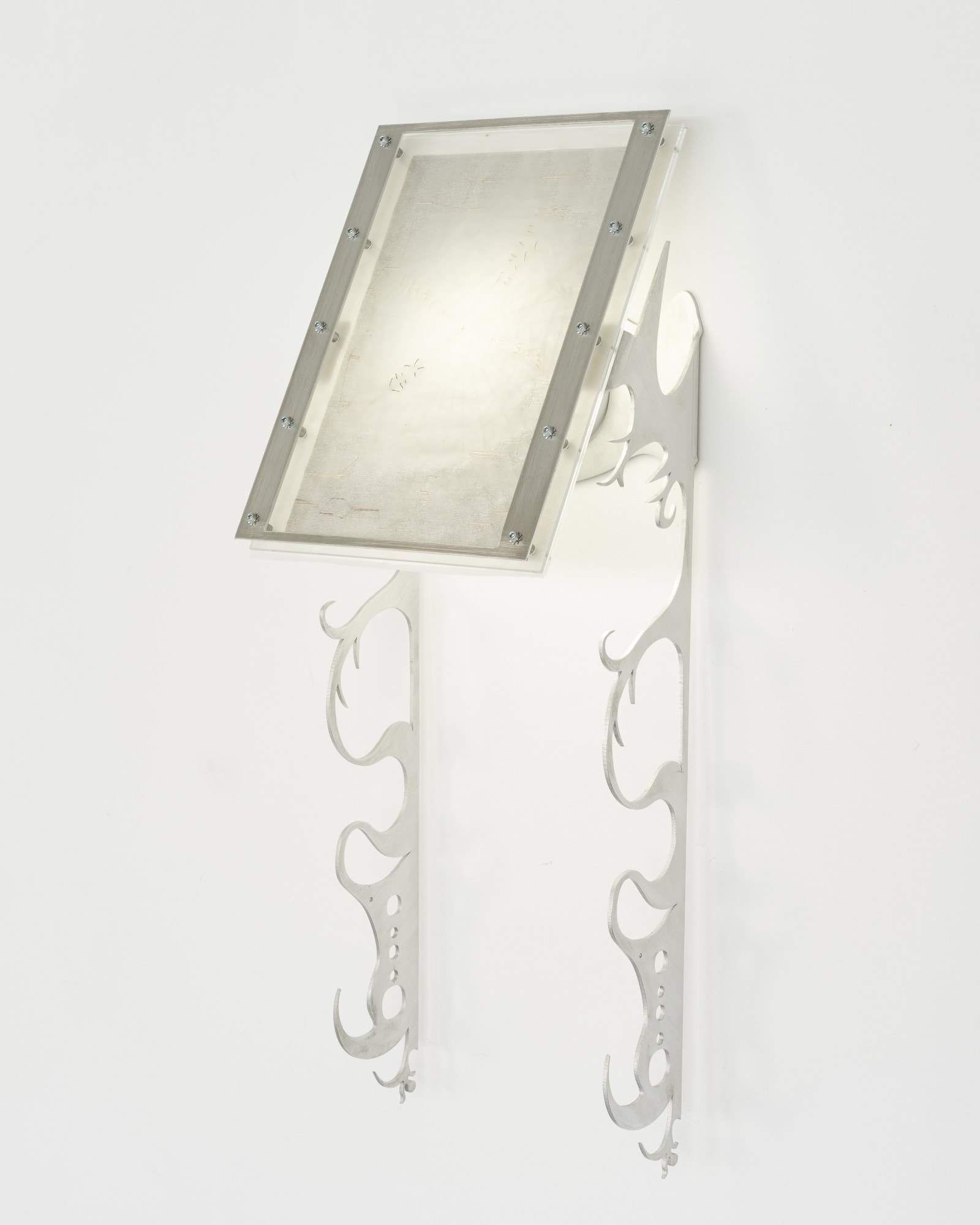 Xin Liu Fortune Tellers: Oblivion, 2023 Artist’s DNA data printed on rice paper, thread, acrylic, ink, aluminum, LED lights, latex, silicone, and steel 24 x 8½ x 7½ in. 60.96 x 21.59 x 19.05 cm