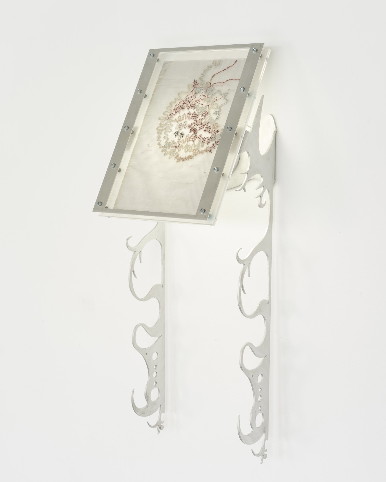 Xin Liu Fortune Tellers: Womb, 2023 Artist’s DNA data printed on rice paper, thread, acrylic, ink, aluminum, LED lights, latex, and steel 24 x 8½ x 7½ in. 60.96 x 21.59 x 19.05 cm