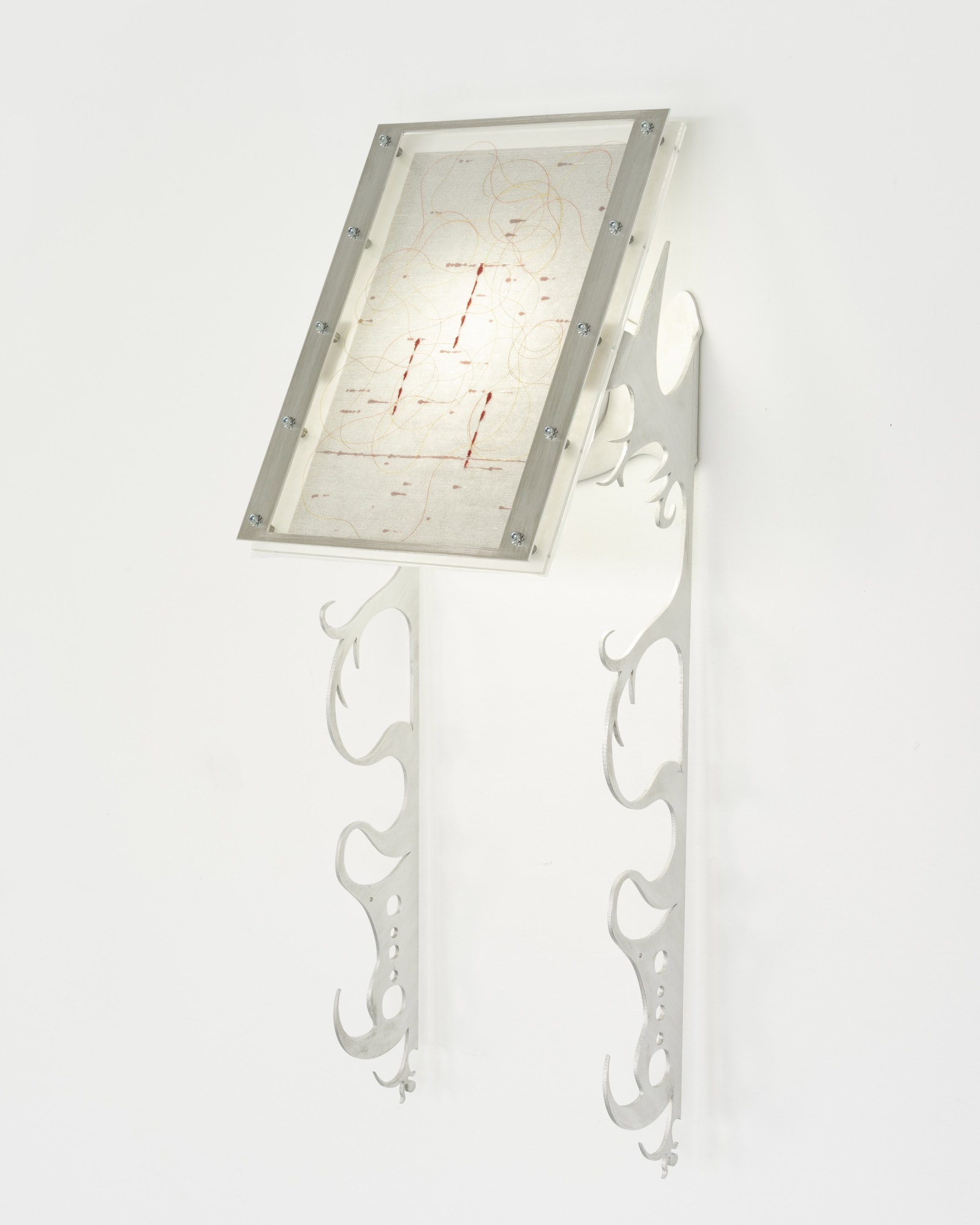 Xin Liu Fortune Tellers: Tears, 2023 Artist’s DNA data printed on rice paper, thread, acrylic, ink, aluminum, LED lights, latex, and steel 24 x 8½ x 7½ in. 60.96 x 21.59 x 19.05 cm