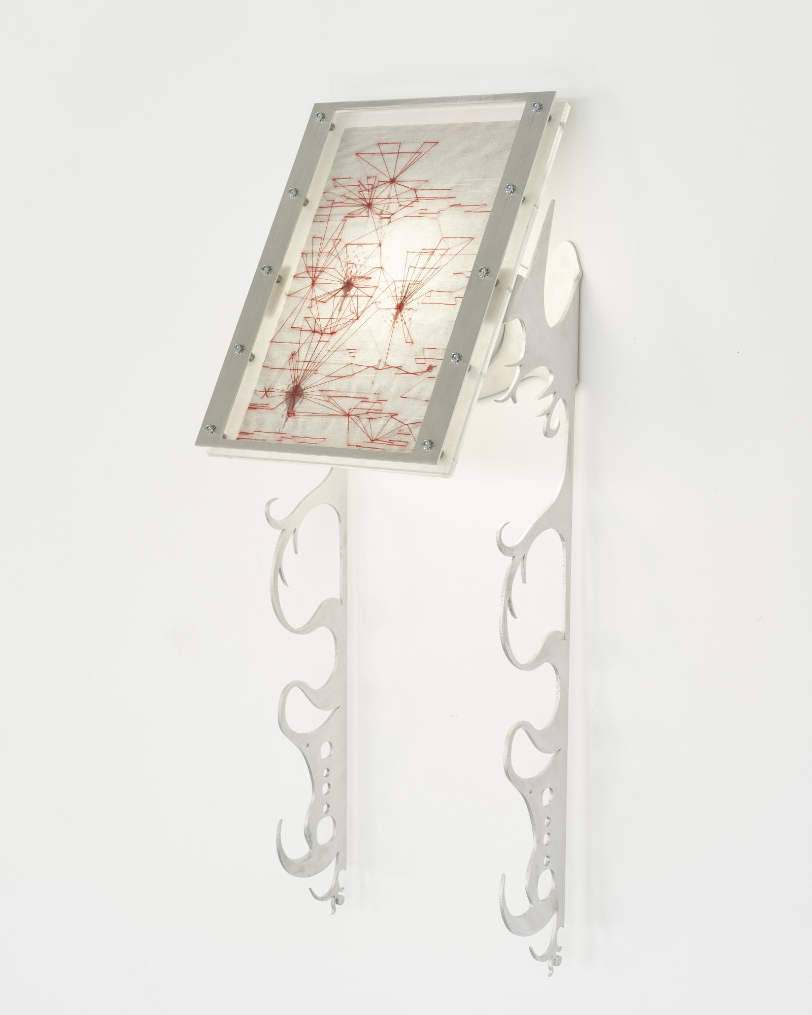Xin Liu Fortune Tellers: Menophania, 2023 Artist’s DNA data printed on rice paper, thread, acrylic, ink, aluminum, LED lights, latex, and steel 24 x 8½ x 7½ in. 60.96 x 21.59 x 19.05 cm