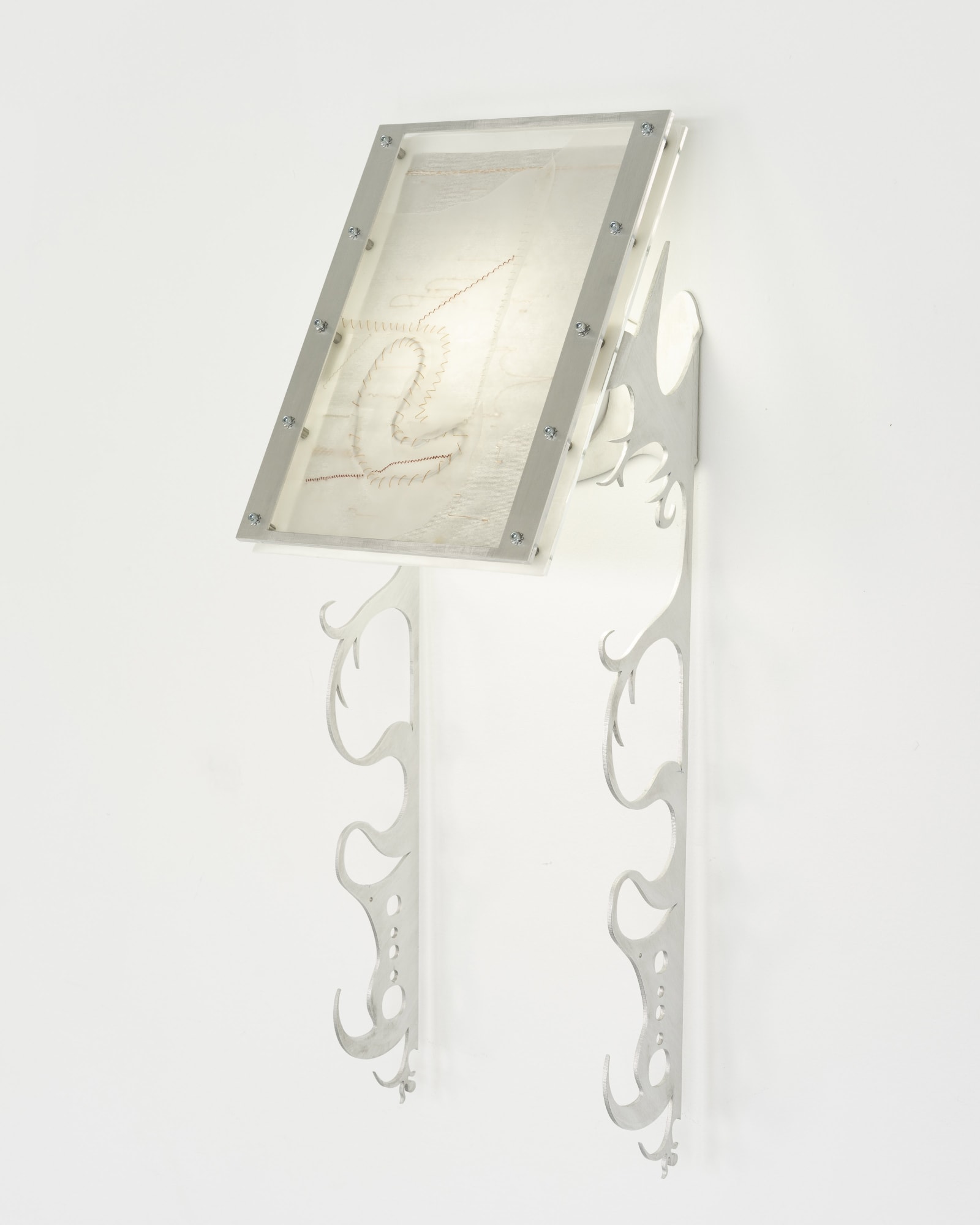 Xin Liu Fortune Tellers: The Missing Appendix, 2023 Artist’s DNA data printed on rice paper, thread, acrylic, ink, aluminum, LED lights, latex, and steel 24 x 8½ x 7½ in. 60.96 x 21.59 x 19.05 cm
