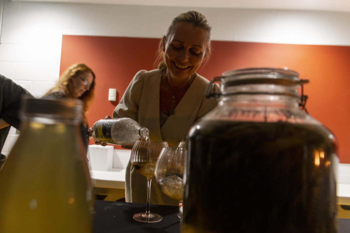 Kauri Cocktails: Kauri cocktails refer to the taste aspect of the multi-sensory artwork. The cocktail is made from a wild ferment infusion made from Kauri cones, a light syrup and the yeast from air around the artist's studio in the forest of the Waitakere ranges. The infusion can be drunk on its own or added to ice and soda water (or champagne) added to create a cocktail celebrating the wisdom and longevity of Kauri.