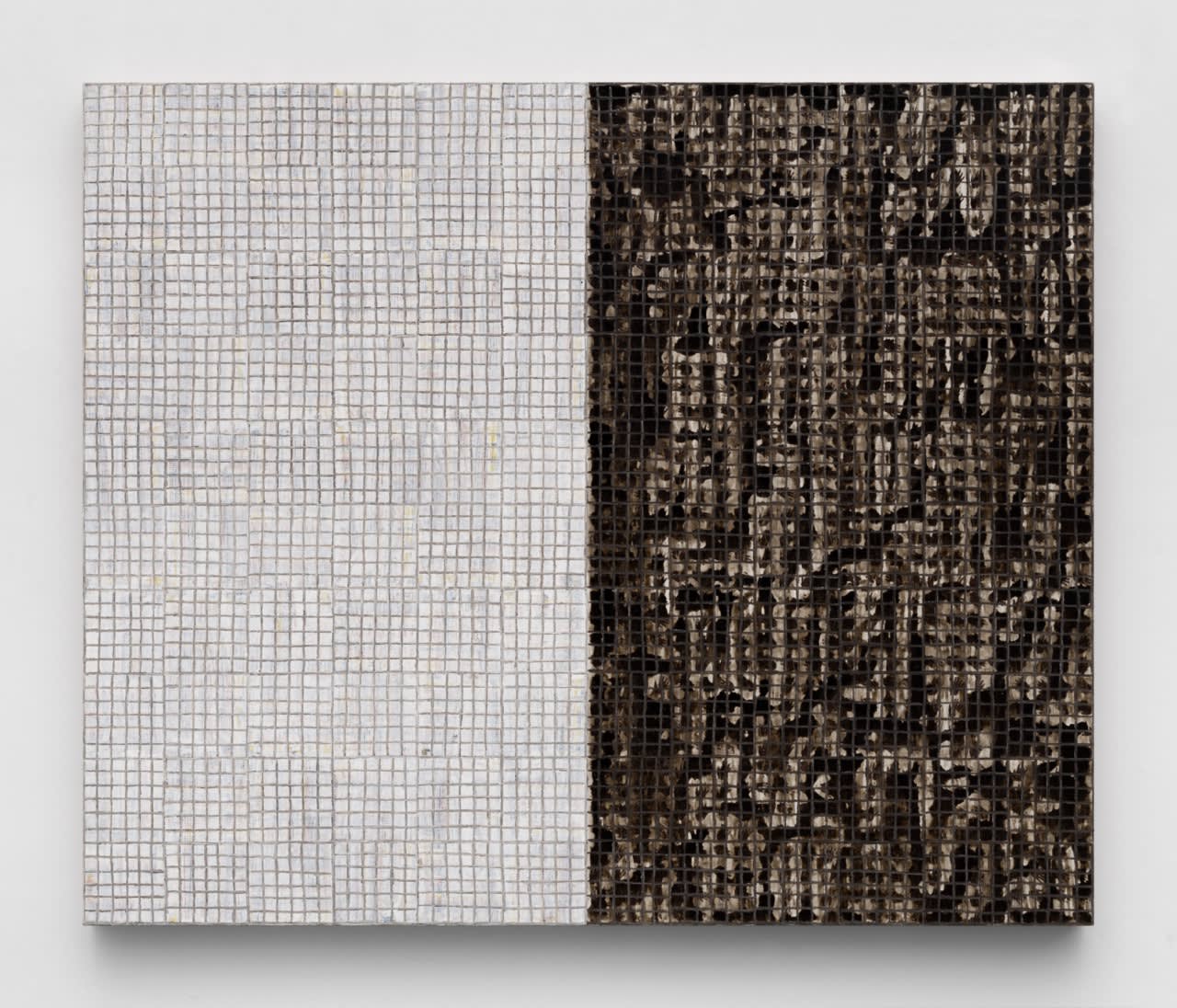 McArthur Binion Handmadeness:four, 2023 Ink, oil paint stick and paper on board 40 x 48 x 2 1/8 in 101.6 x 121.9 x 5.4 cm