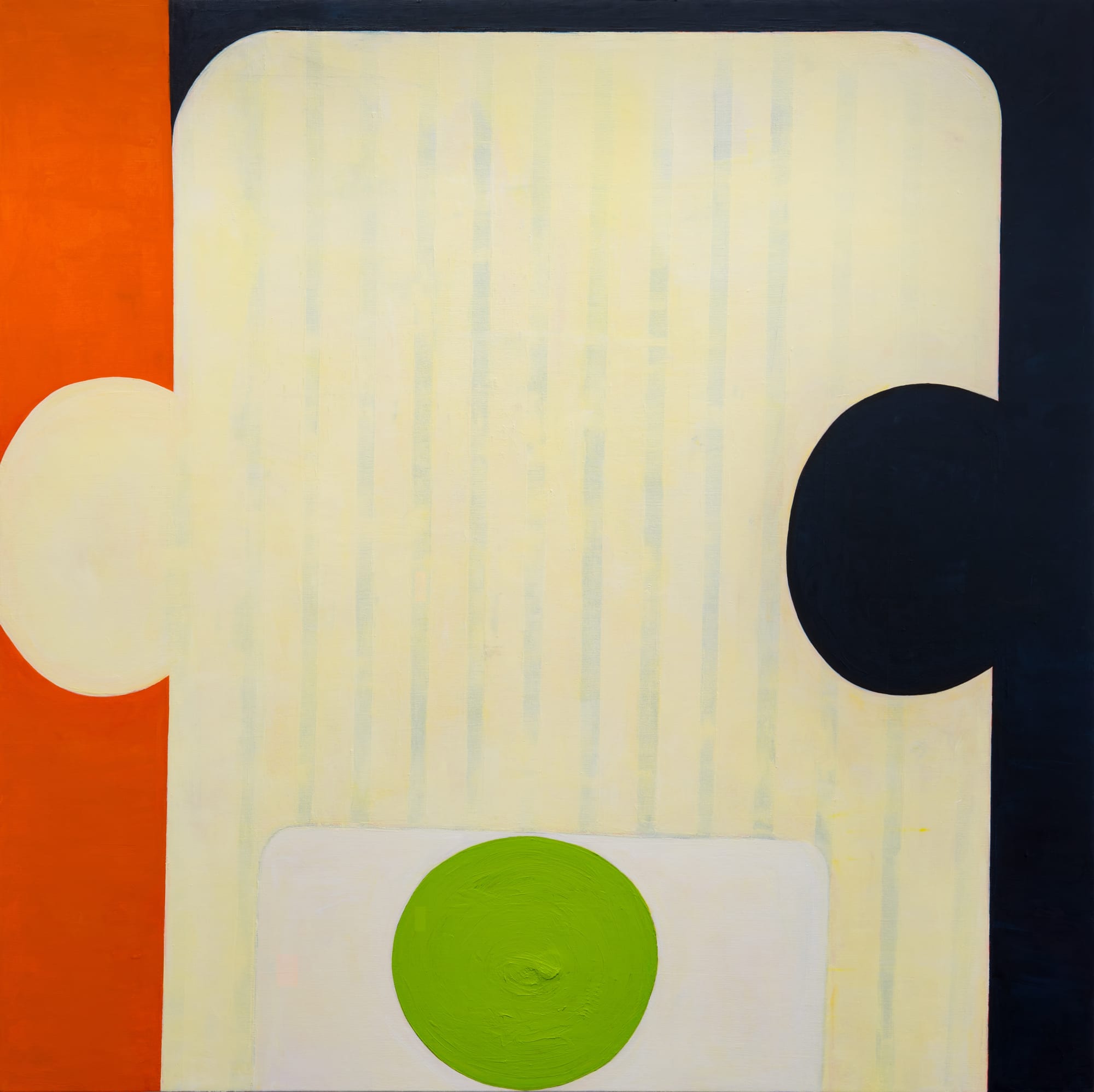 Fran Shalom's "Lighten Up" done with oil on canvas in shades of beige, black, green and orange. The painting appears flat, but there is a clear contrast with warm and cool colors creating an illusion of depth. The bigger shape is like a puzzle piece.