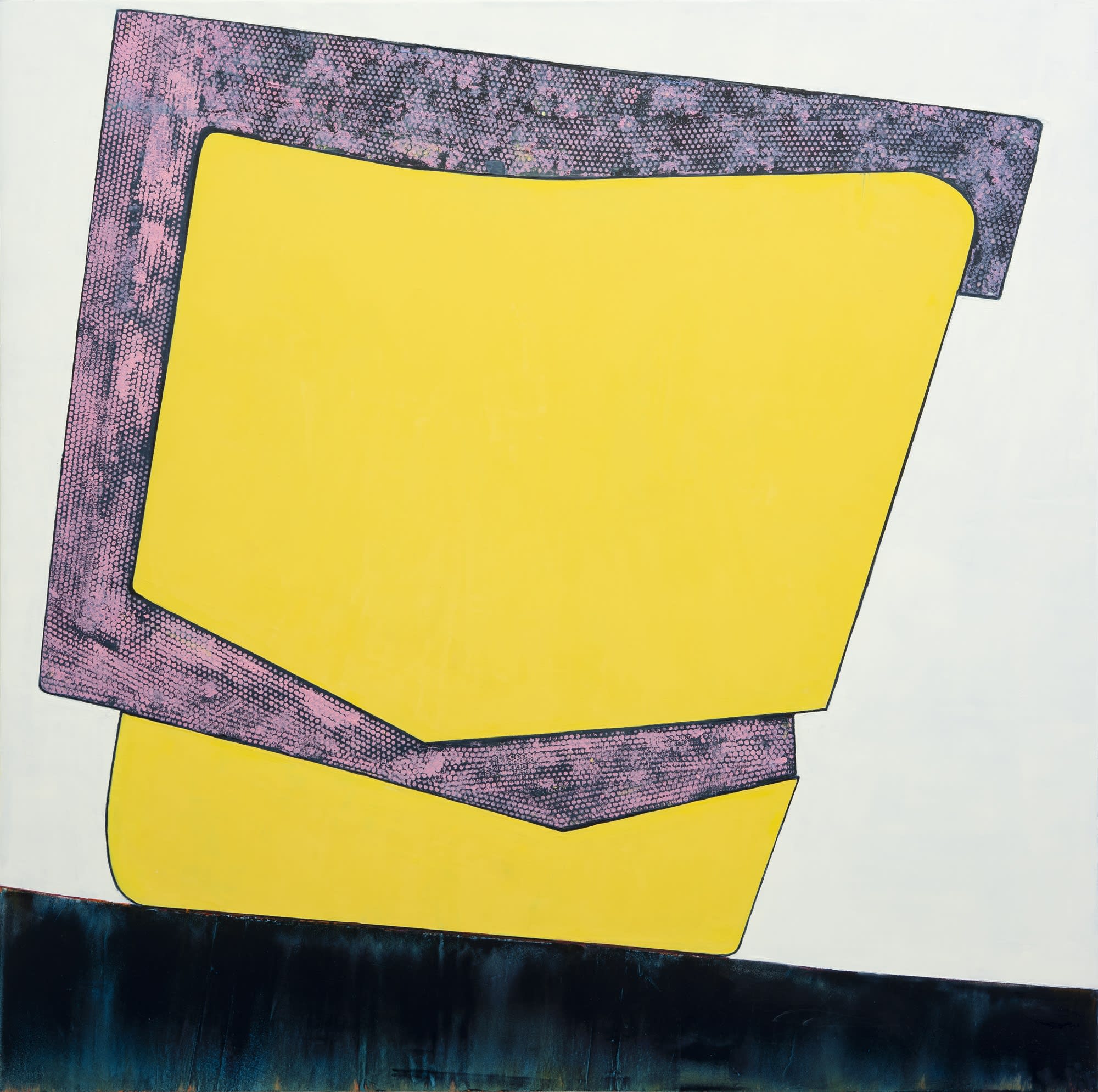 Fran Shalom's "Old Habits Die Hard" oil paintings on canvas in shades of yellow, pink, gray, blue and black. This abstract painting looks like a square that has a more detailed texture attached onto another object that is a flat texture. 