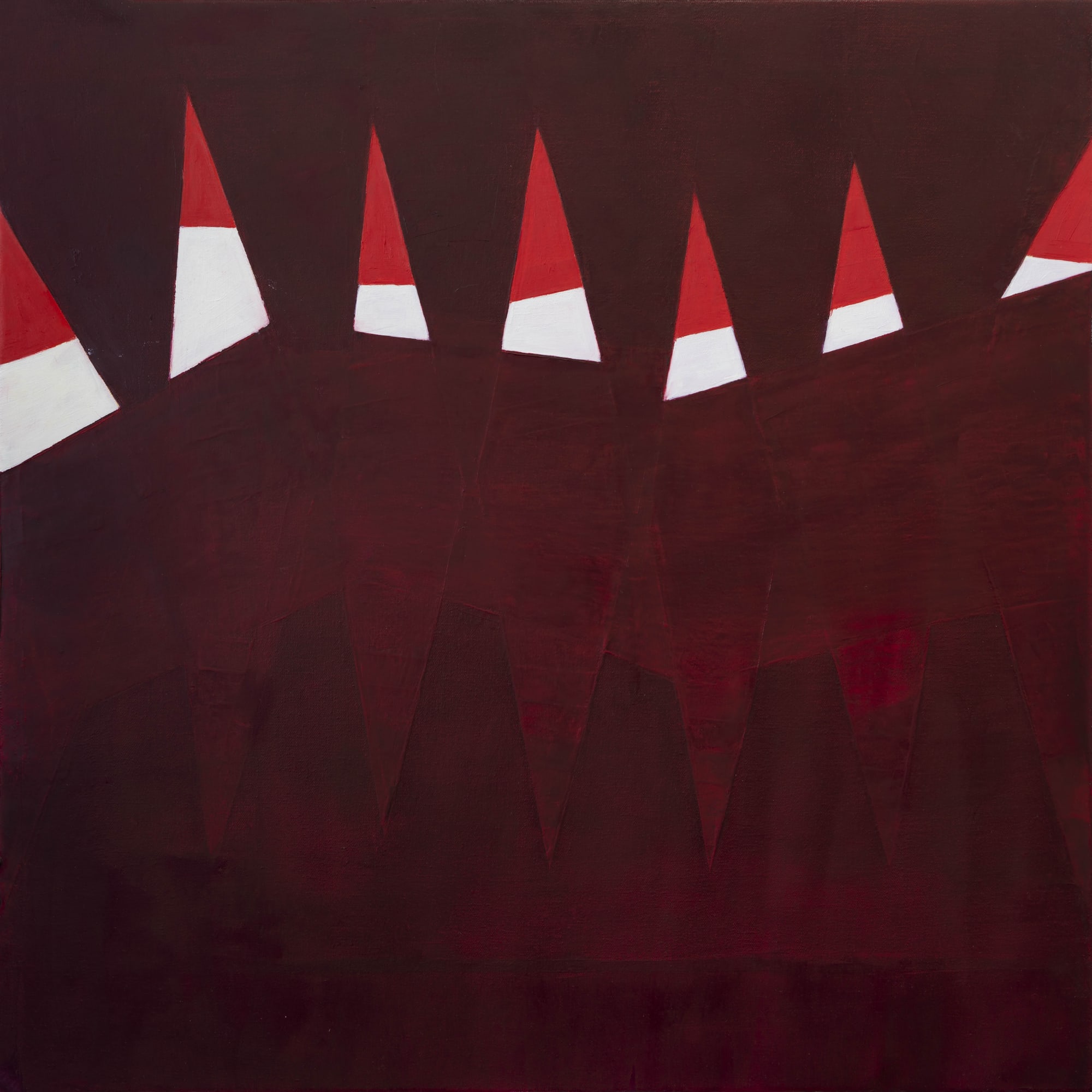 Fran Shalom's "Right View" oil painting on wood in various shades of red and white. The painting appears to have differently sized triangles, ones that are bright on the top while the bottom triangles are part of the darker background. 