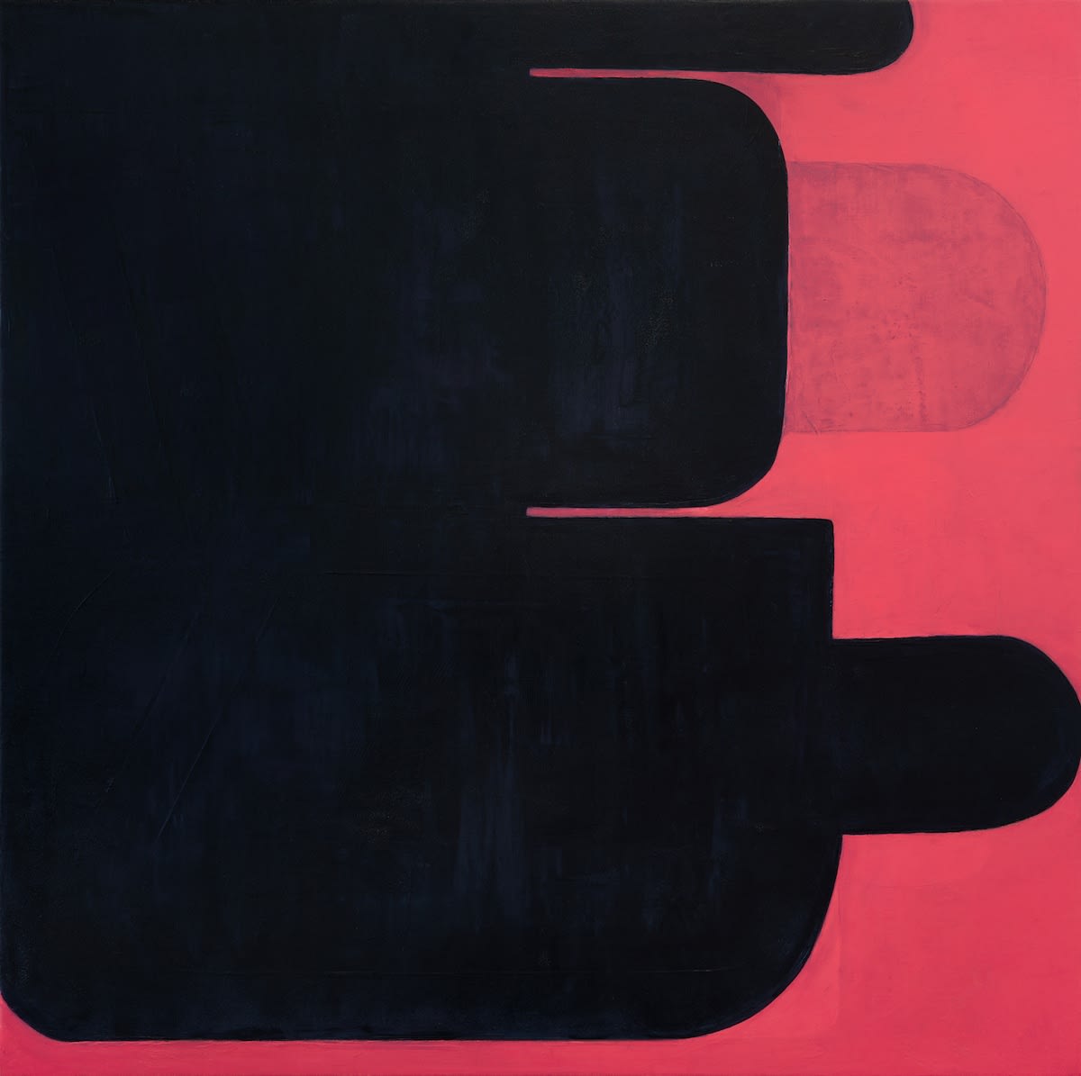 Fran Shalom's "No Gap" oil painting on wood in shades of black, and red. The painting has a large black figure overtaking a bright red background. This combination of a bright and dark color creates an illusion of depth.