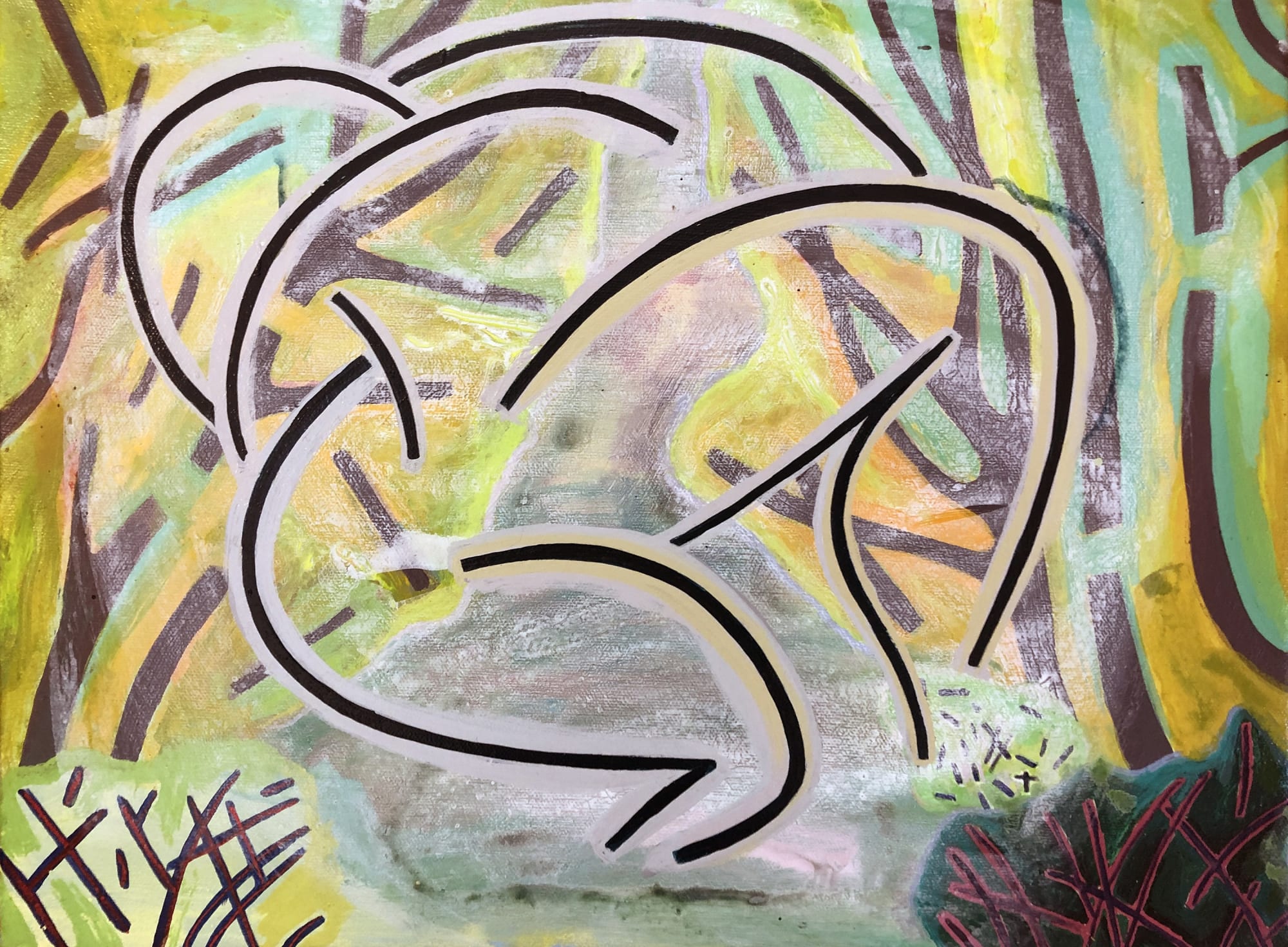 Jennifer Coates' "Reclining Figure" done with acrylic on canvas in various shades of yellow, orange, green, brown, red and black. The painting resembles street art with its flat lines and usage of warm colors. It also resembling an abstract forest.