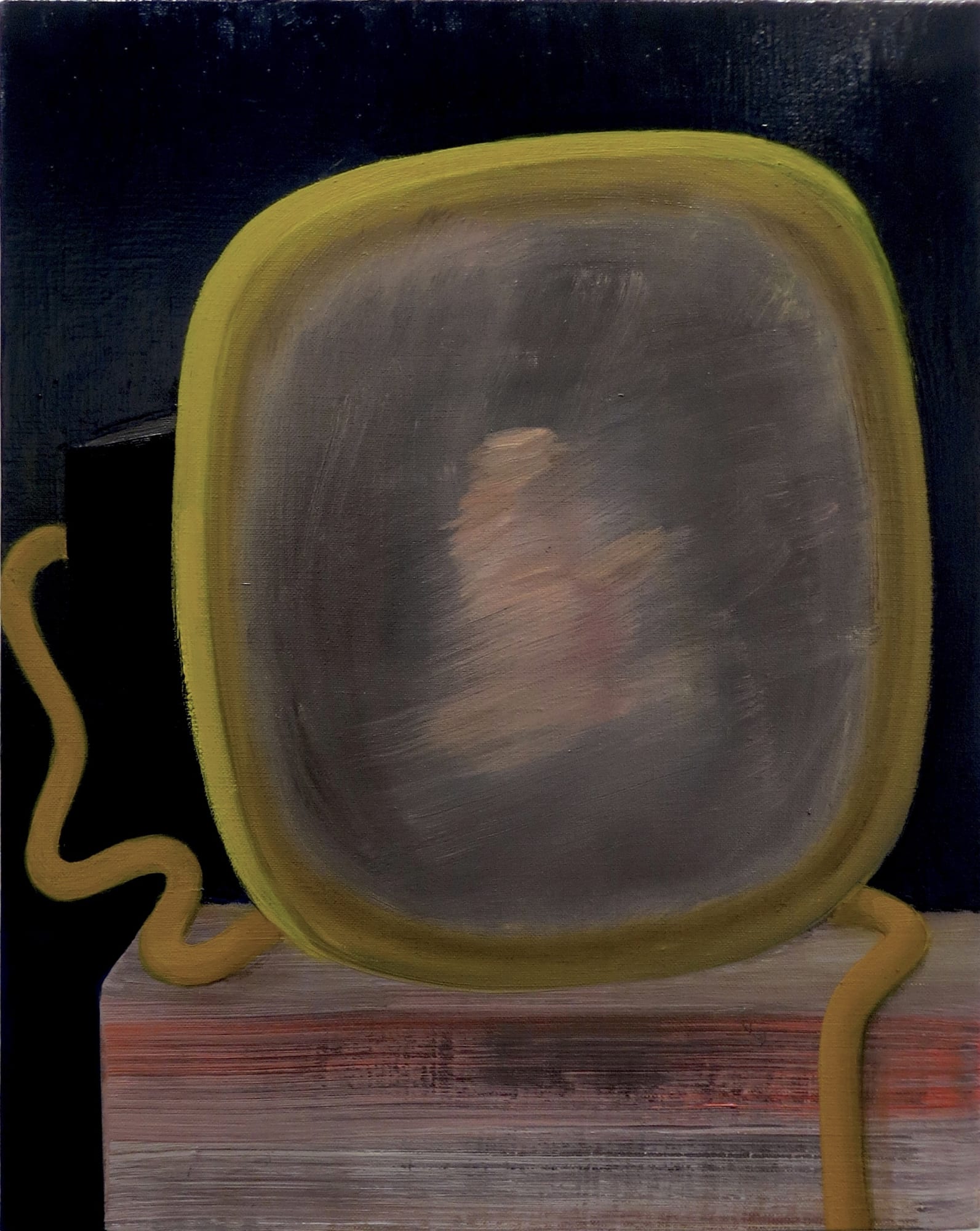 Abstract painting on canvas in dark shades of black, green, and brown. The painting depicts an asymmetrical monitor with two wires on each other, one of which appears disconnected. The left wire having nothing attached alone makes it more surreal.