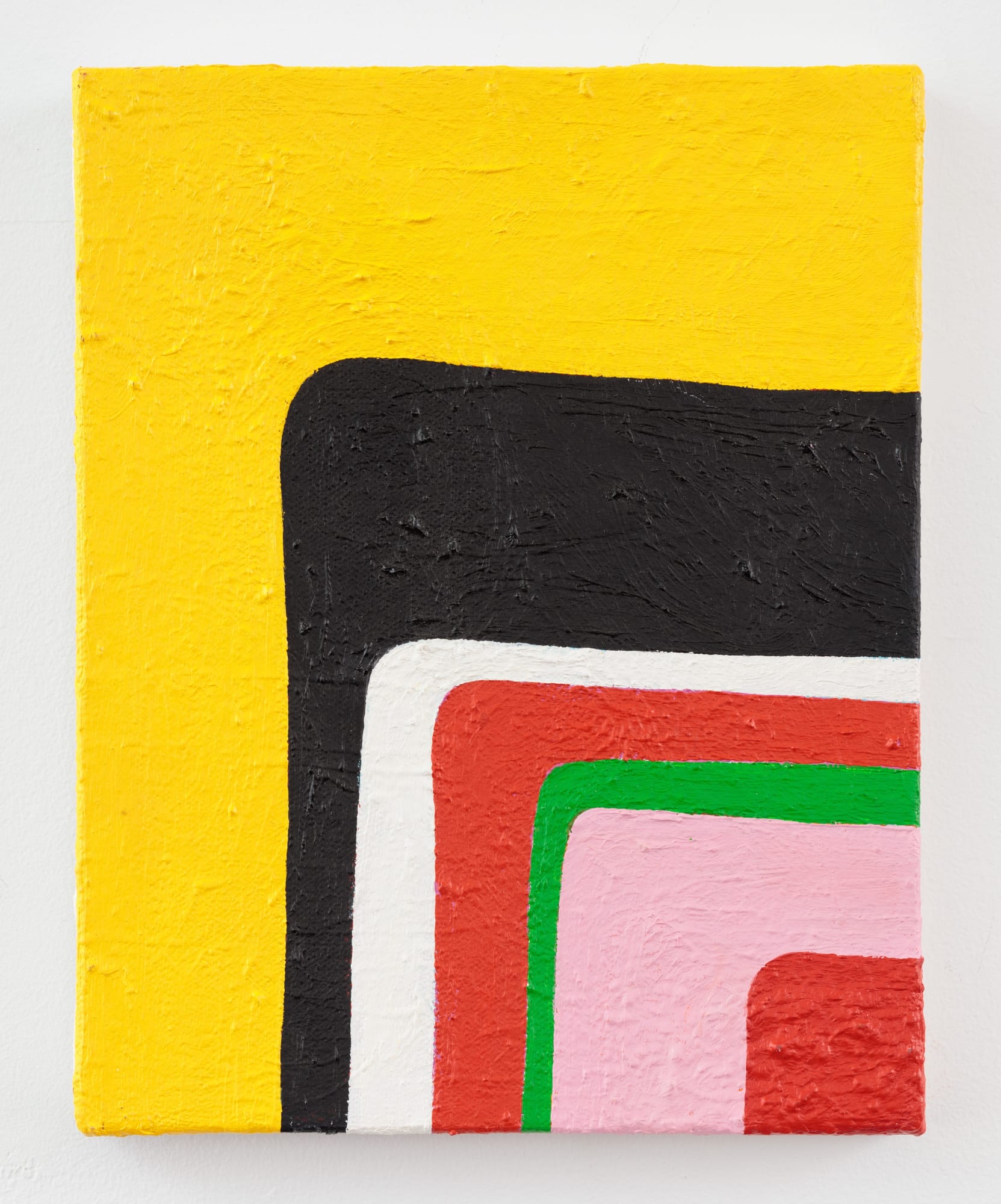 Andrew Masullo's "5399" oil painting on canvas in shades of yellow, black, white, orange, green, pink and red. The painting depicts patterned layers receding into the distance creating an illusion of depth.