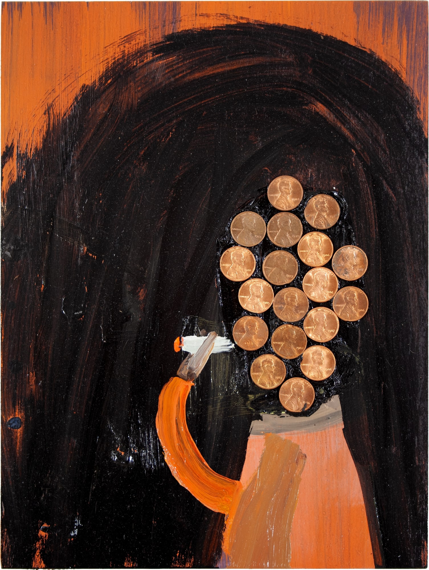 Charles Yuen's " Copper Head" using oil and coins on panel in various shapes of copper, orange, maroon and black. The work depict a person whose head is completely made out of pennies, detailing the "Copper Head" title.