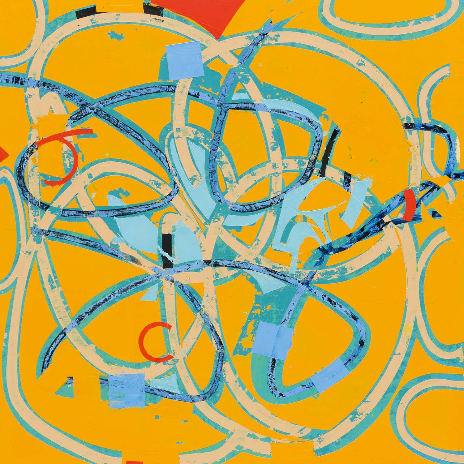 Mary Didoardo's "Octopian" oil painting on wood. The painting has of cream and blue lines interlining with smaller red lines creating an overlapping movement in the foreground compared to its flat orange background.