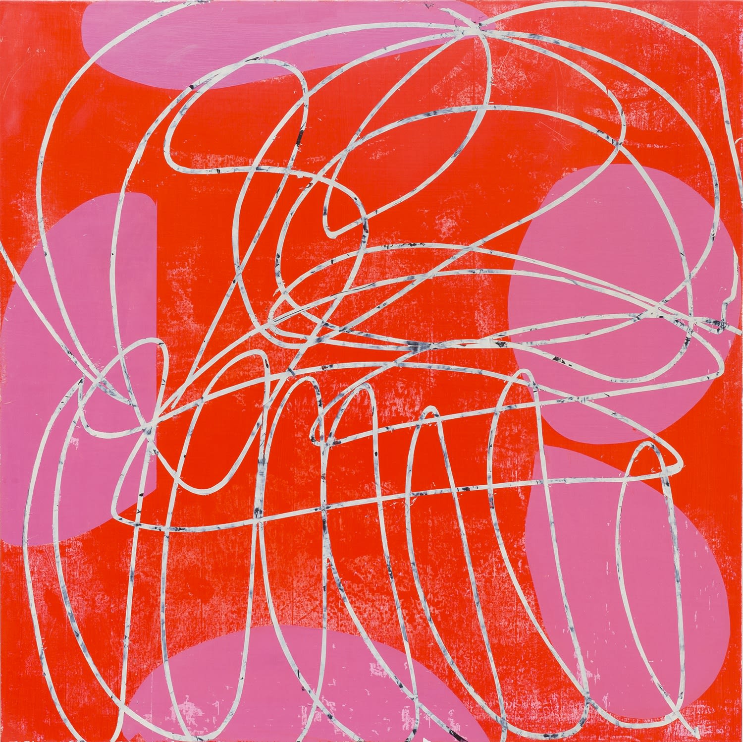 Mary Didoardo's "Speak to Me" oil painting on wood in shades of red, white and pink. The painting is of white lines interlining with each other creating an overlapping movement in the foreground. The background is red with pink shapes.