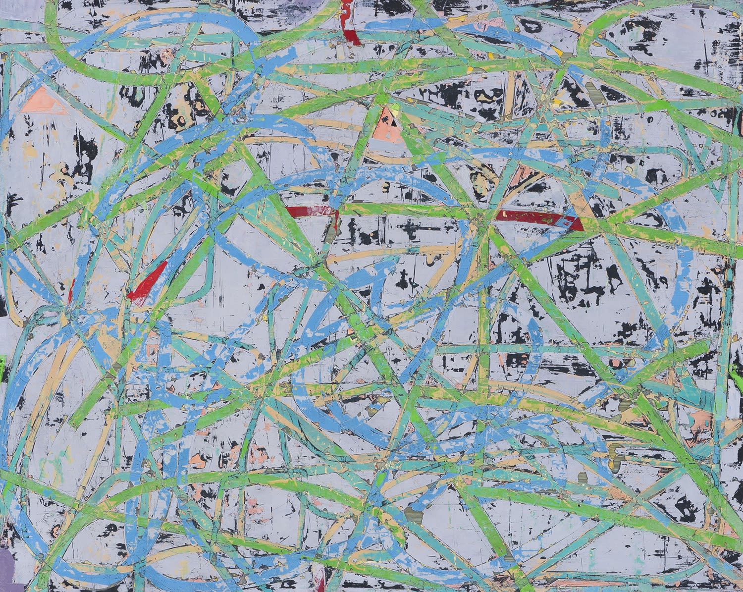 Mary Didoardo's "Trails" oil painting on wood with primarily cool colors. The painting is of both green and blue lines creating an overlapping movement in the foreground. The background has a faded dull blue and dark blue marks.