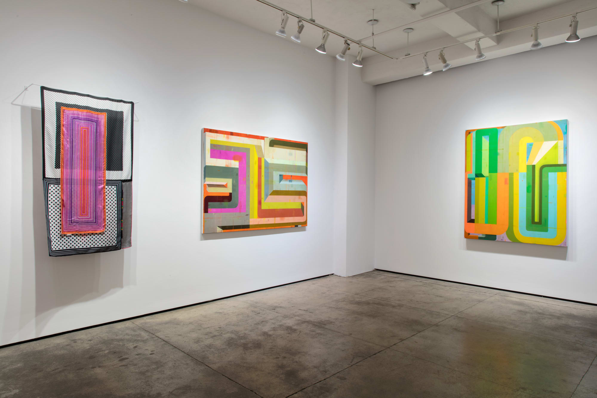 Installation shot of three works by Deborah Zlotsky. The left piece "A peculiar influence, subduing them into repetitiveness" was made from vintage scarves while the other two "Risk Masquerading as a promise" and "Love child" are oil paintings on canvas.