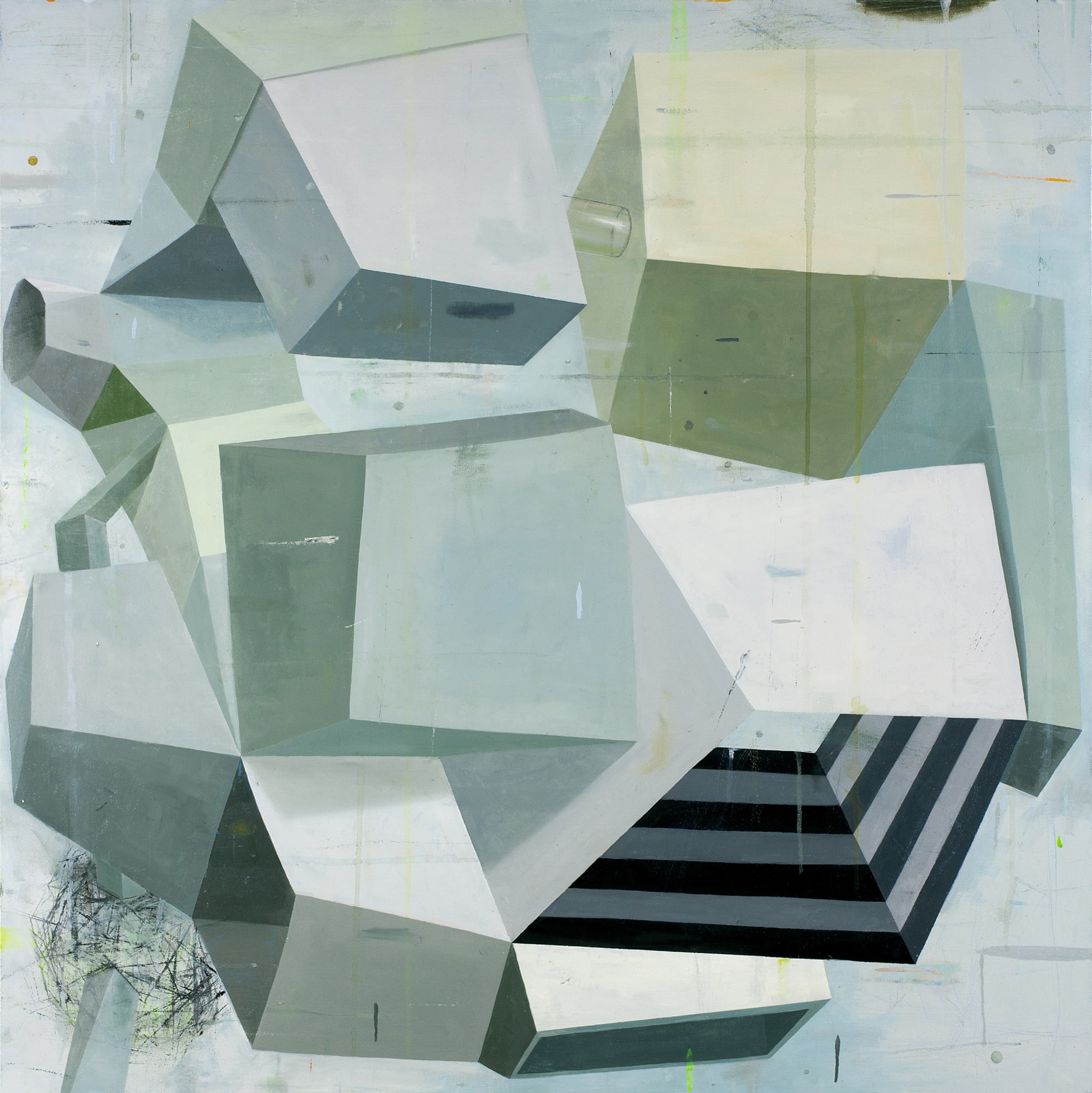 Abstract oil painting on canvas by Deborah Zlotsky in various shades of black, white, gray and light beige. The painting depicts cube-like shape patterns. The layers of bright and dark colors on each side of the cubes create an illusion of depth.