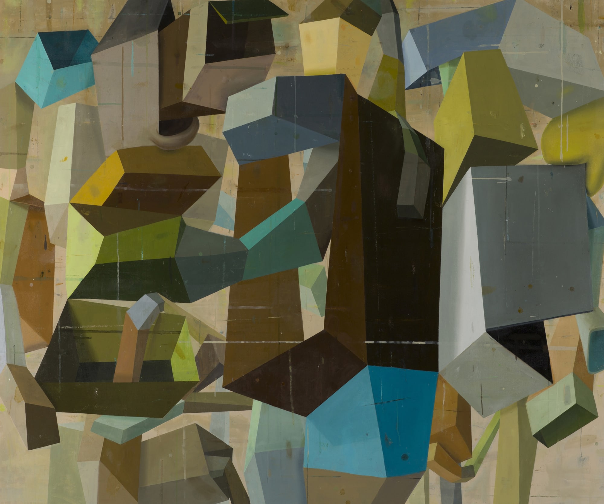 Abstract oil painting on canvas by Deborah Zlotsky in various shades of brown, gray, blue, beige and yellow. The painting depicts cube-like shape patterns. The layers of bright and dark colors on each side of the cubes create an illusion of depth.
