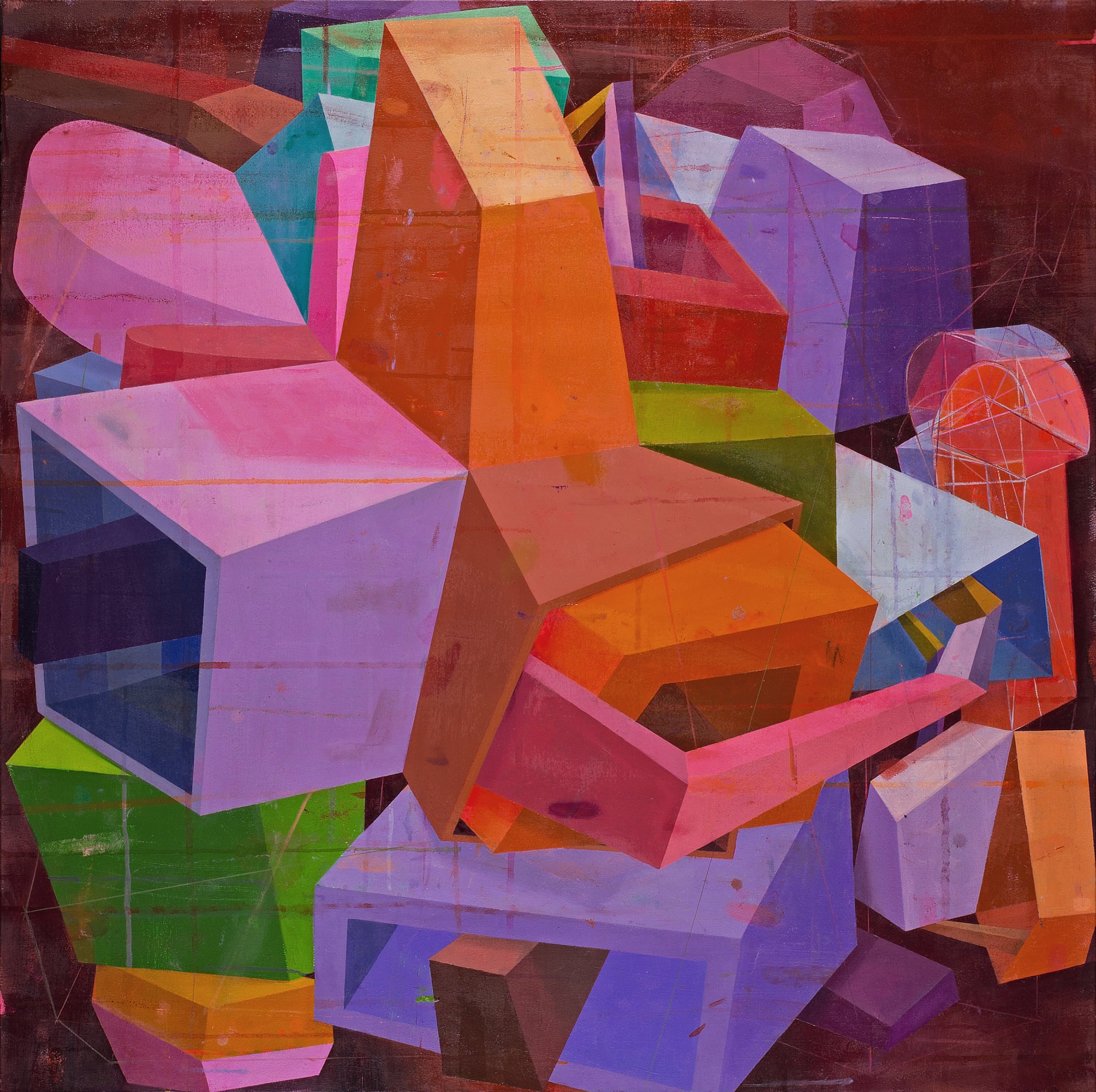 Abstract oil painting on canvas by Deborah Zlotsky in various shades of orange, purple, pink, green, brown, and blue. The painting depicts cube-like shape patterns. The layers of bright and dark colors create an illusion of depth.