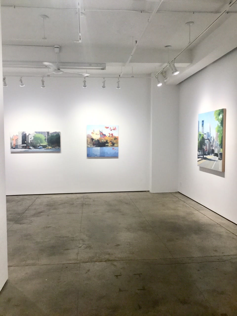 Installation shot of three paintings by Lisa Breslow. The paintings are done in oil and pencil on panel. 