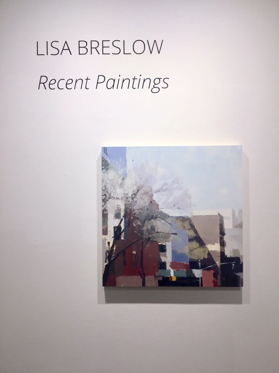 Installation shot of Lisa Breslow's "Chelsea Blues" painting done in oil and pencil on pencil. The painting is placed under wall lettering reading, "LISA BRESLOW - Recent Paintings".